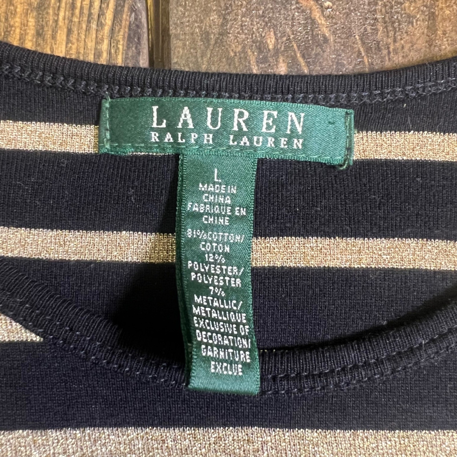 Lauren Ralph Lauren womens Black Gold Metallic Striped Long Sleeve Top Large