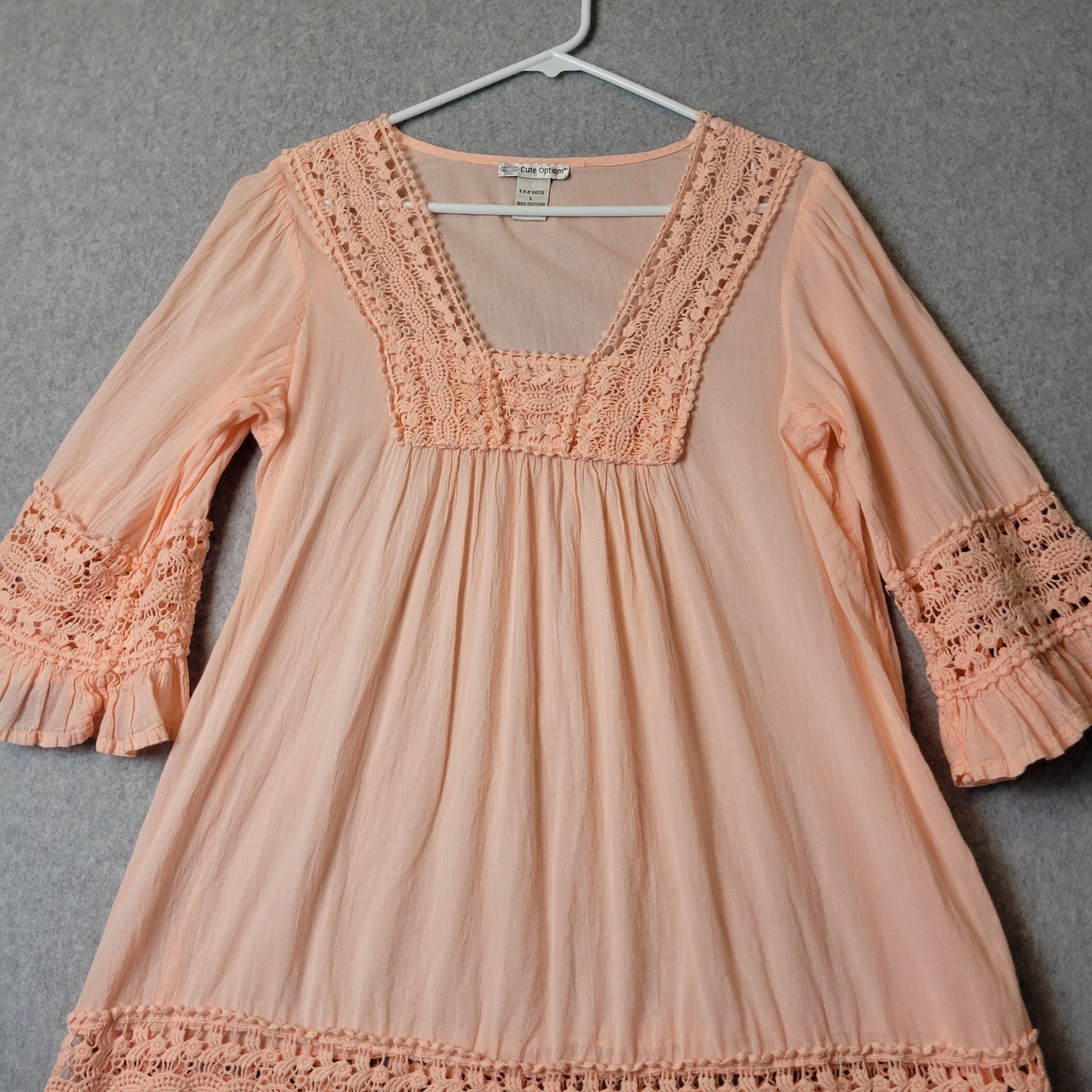 Cute Options 100% Cotton Peachy Pink 3/4 Sleeve Coquette Crochet Boho Top Large