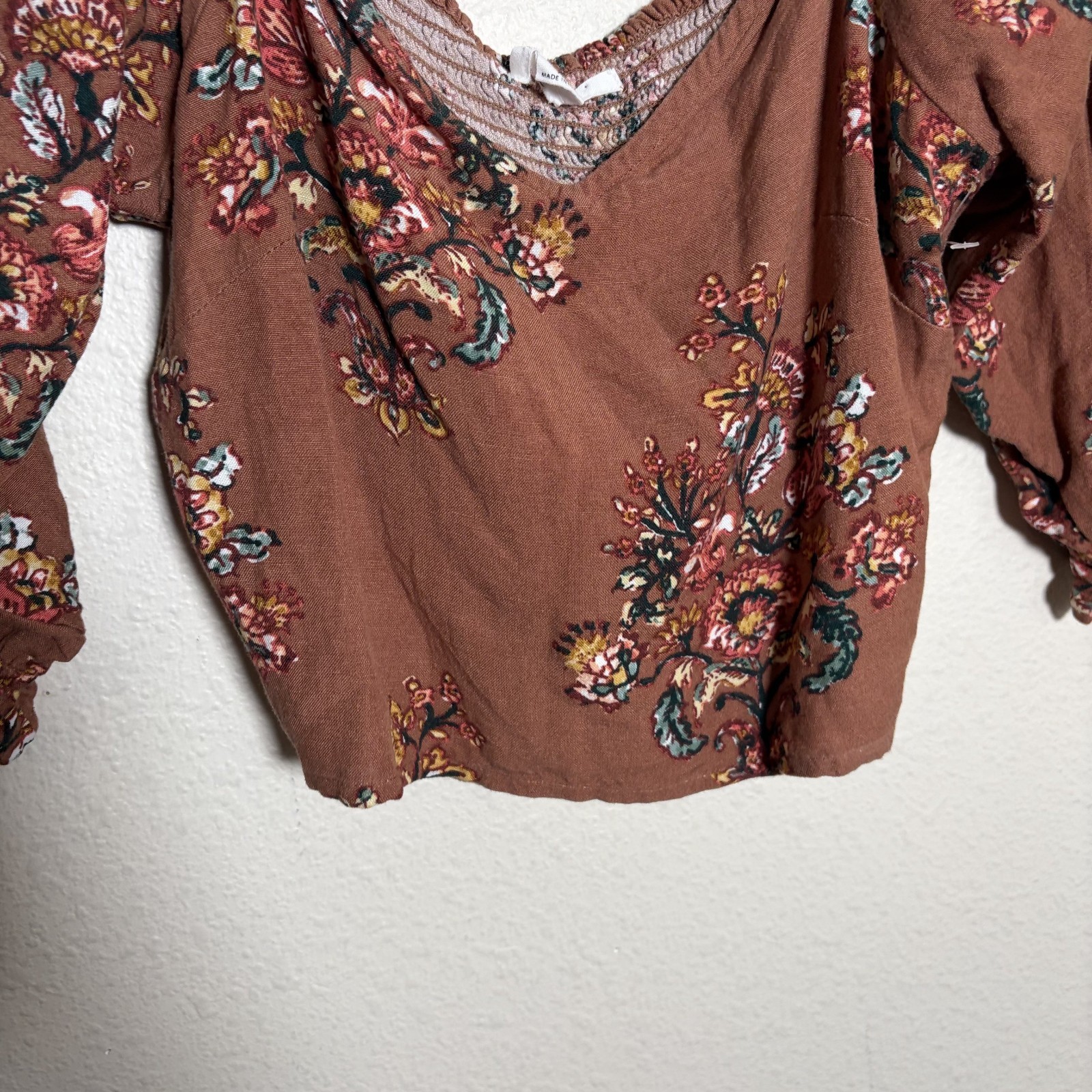 O’Neill Blouse Women’s XS Brown Cropped Smocked Short Sleeve Ruffle Boho