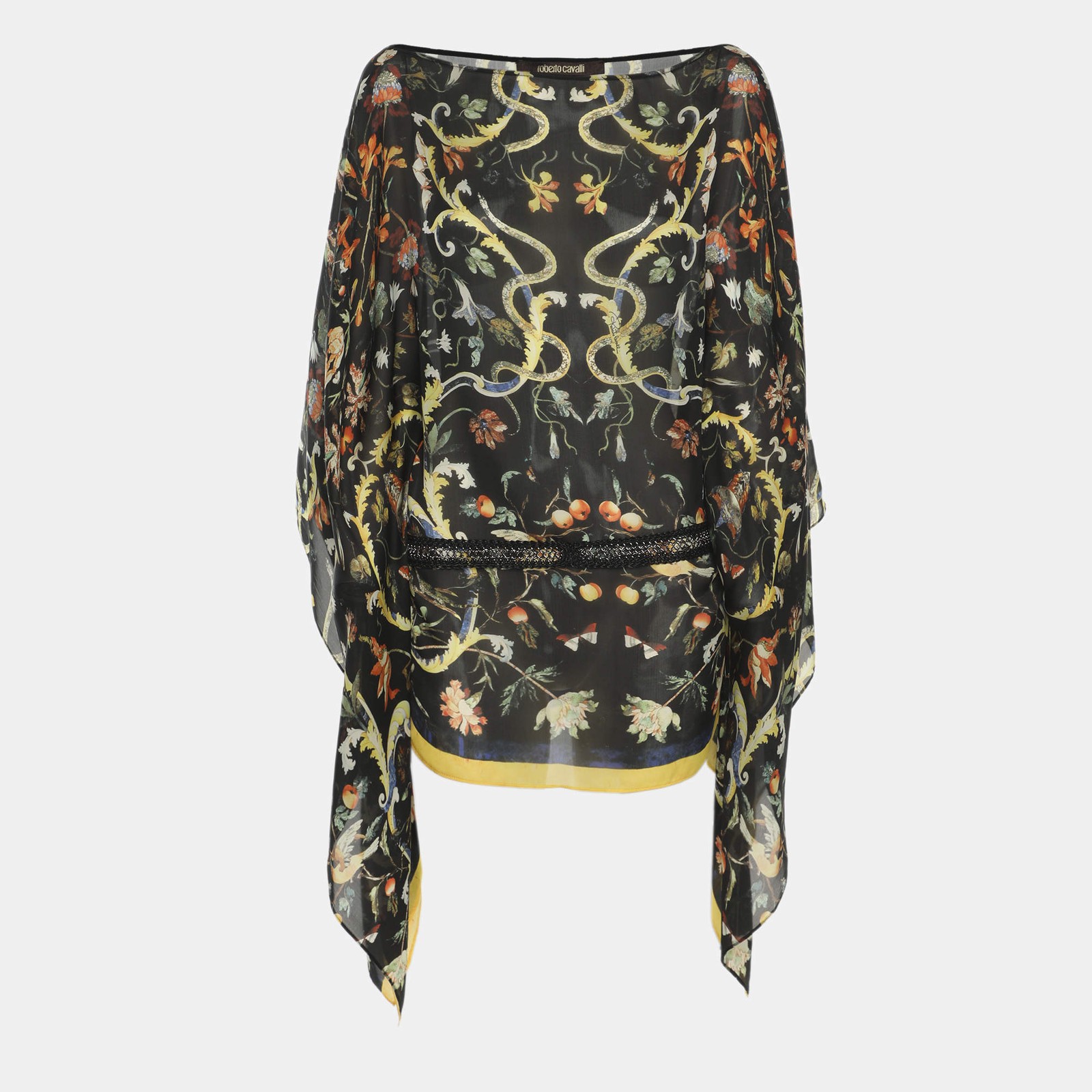 Roberto Cavalli Black Multicolor Floral Print Silk Belted Top S