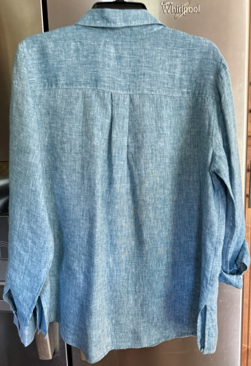 New No Tag Charter Club Luxury Women Linen Roll-tab Sleev Button Blue Shirt Sz L