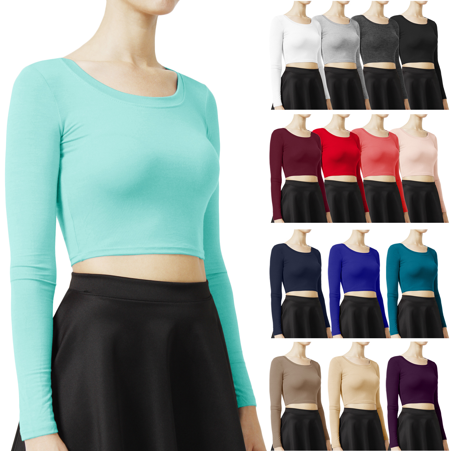 NE PEOPLE Womens Solid Long Sleeve Scoop Neck Fitted Crop Top 14 Colors -NEWT19