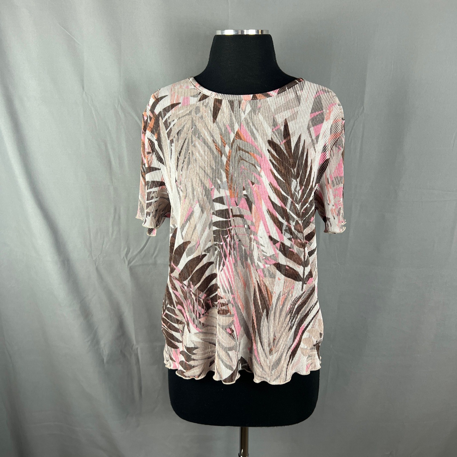 Womens Blouse Top Medium Multicolor Palm Leaf Ribbed Short Sleeve Crew Neck