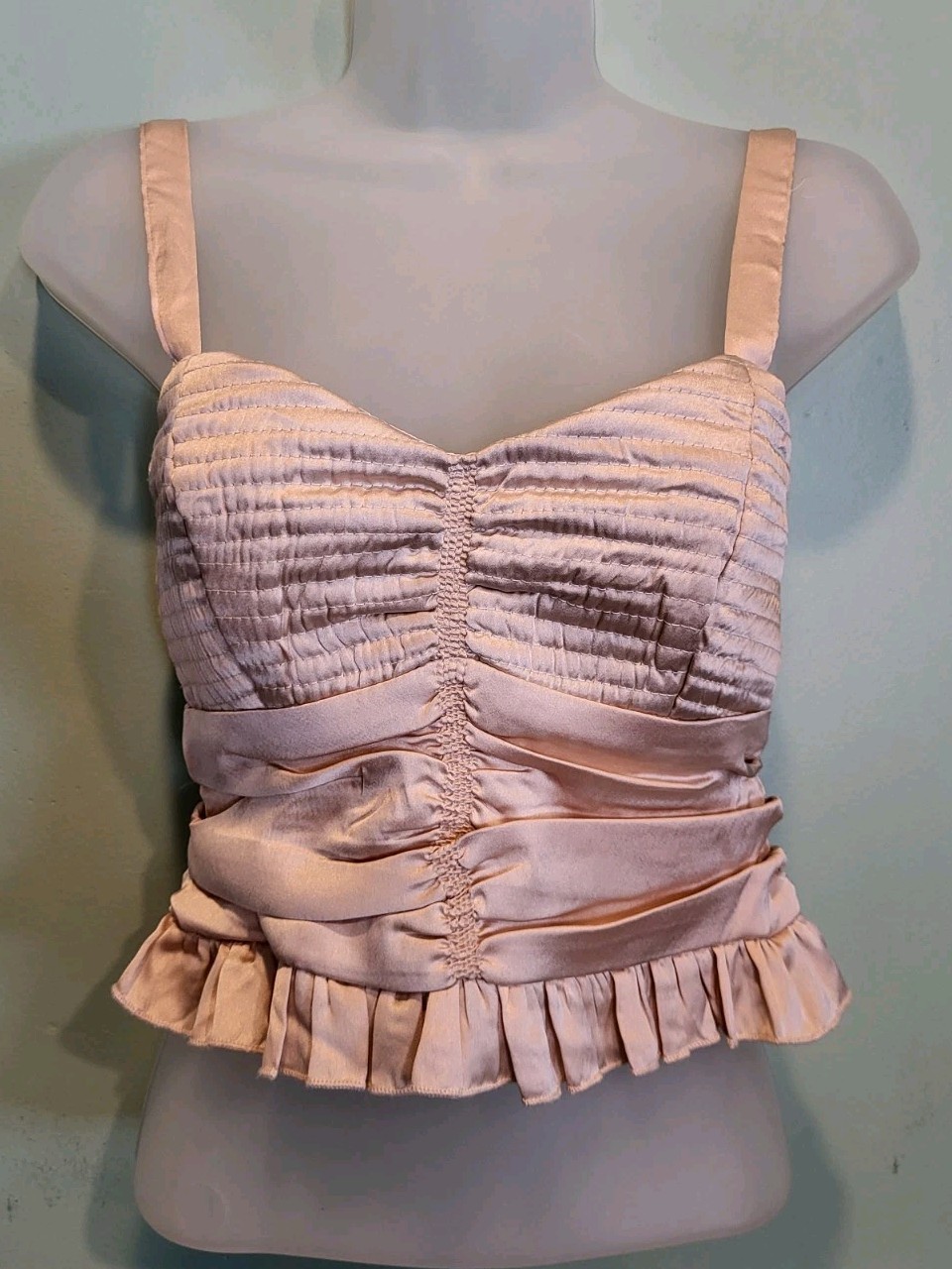 Beige Satin Ruffle Pleated Babydoll Cami Crop Top BOG Collective Sz S