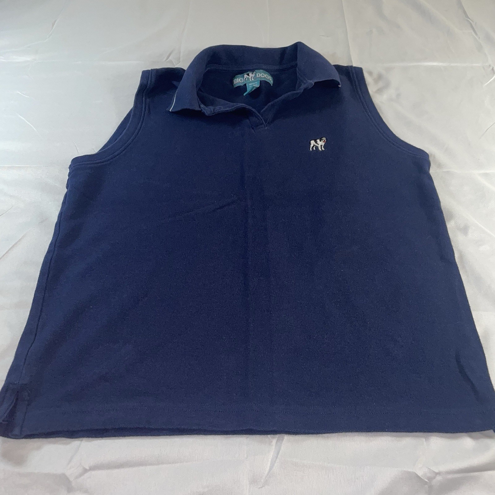 Big Dogs Sleeveless Polo Shirt Womens Medium Navy Blue Pique Cotton V-Neck Logo