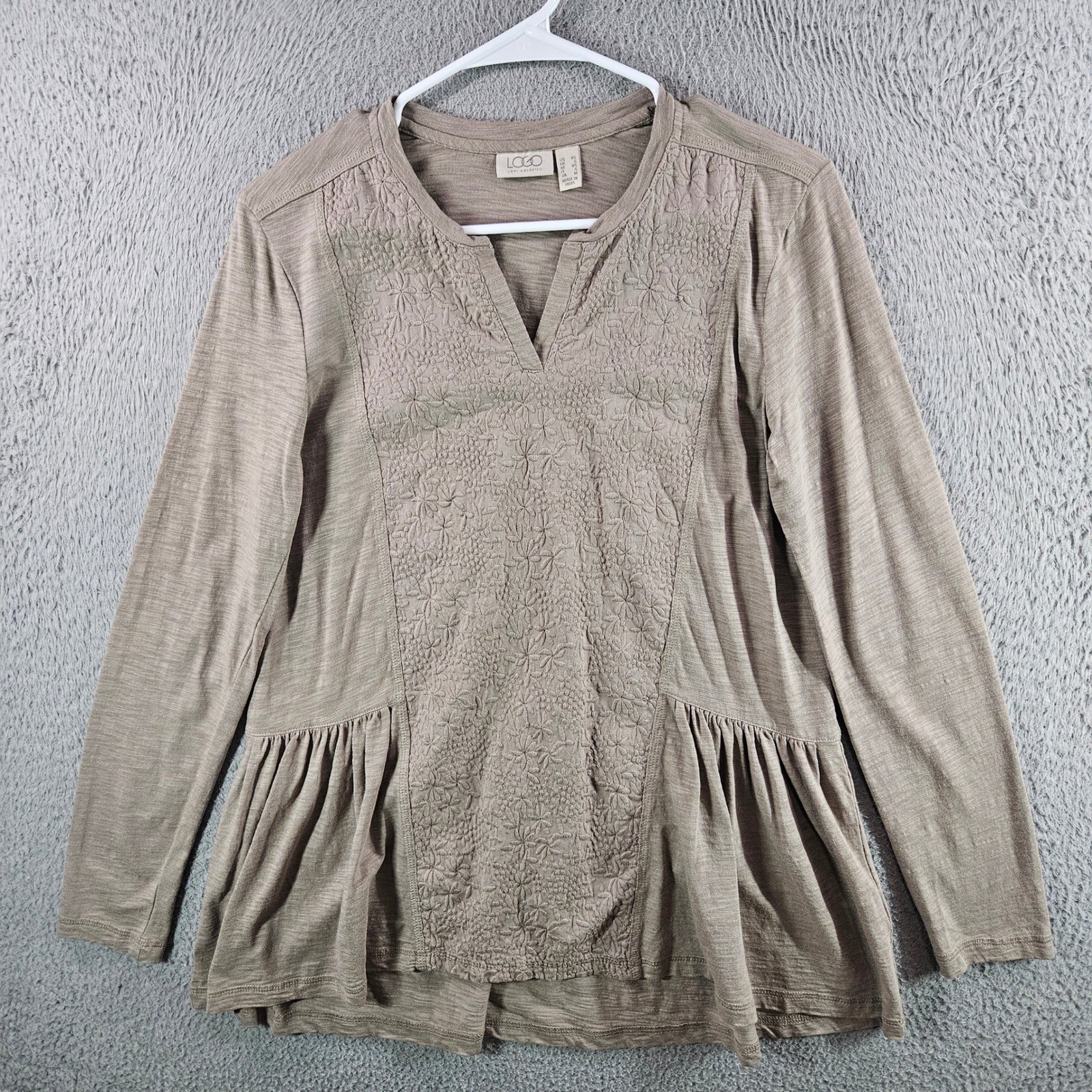 LOGO Lori Goldstein Women XS Taupe Embroidered Peplum Top Long Sleeve