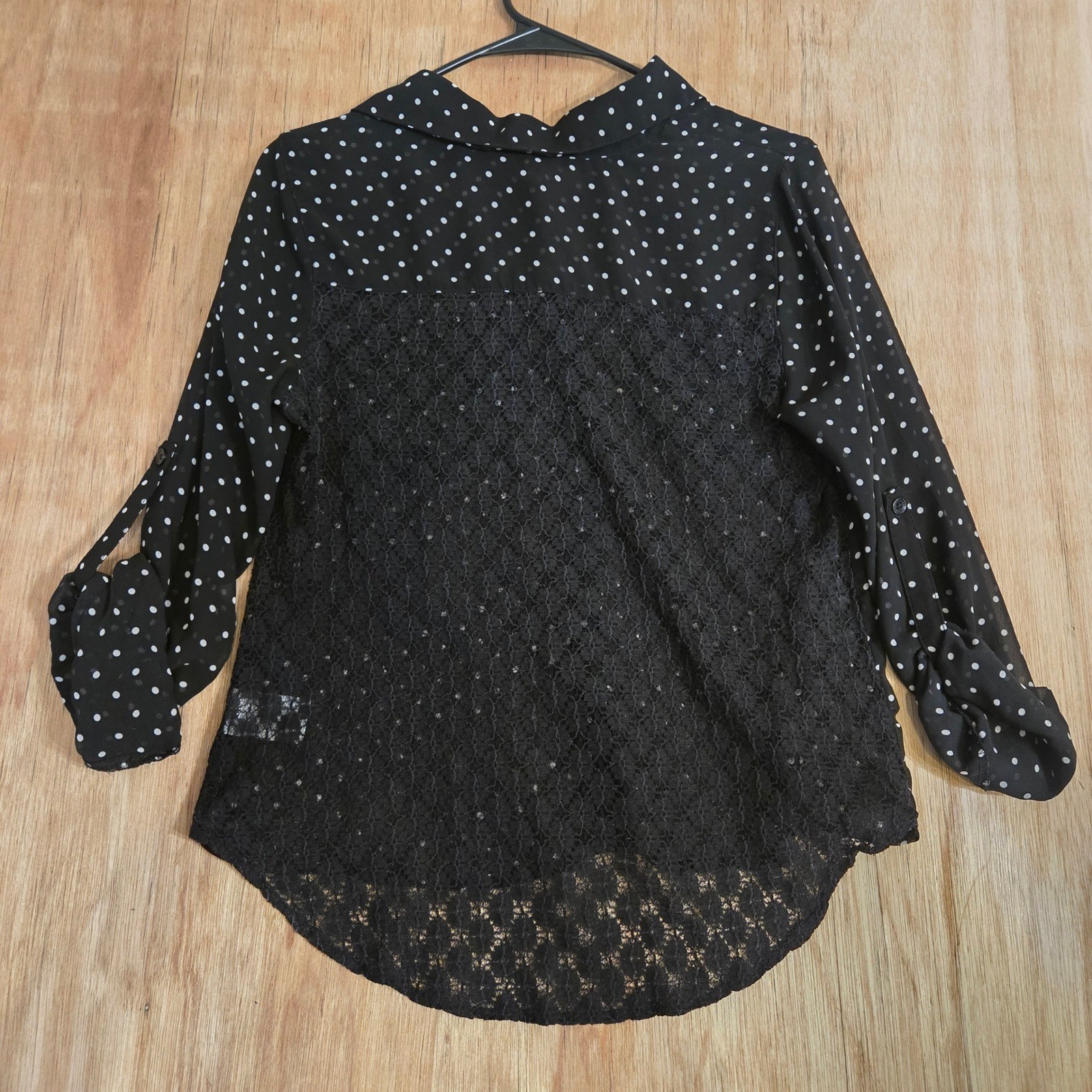 Black Polka Dot Button Down Lace Back Roll Tab Sleeve Blouse Small Whimsigoth