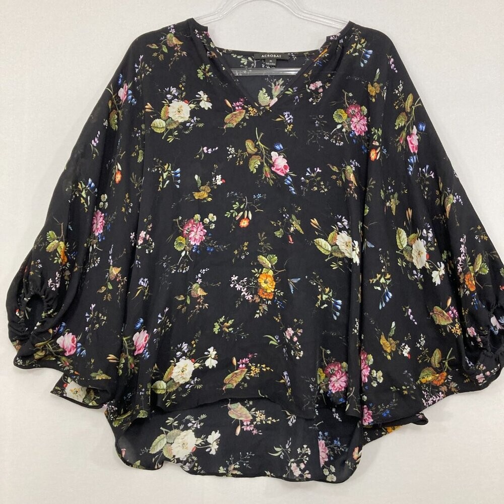 ACROBAT Medium Dark Floral V Neck Dolman Sleeve Pure Silk Blouse Feminine