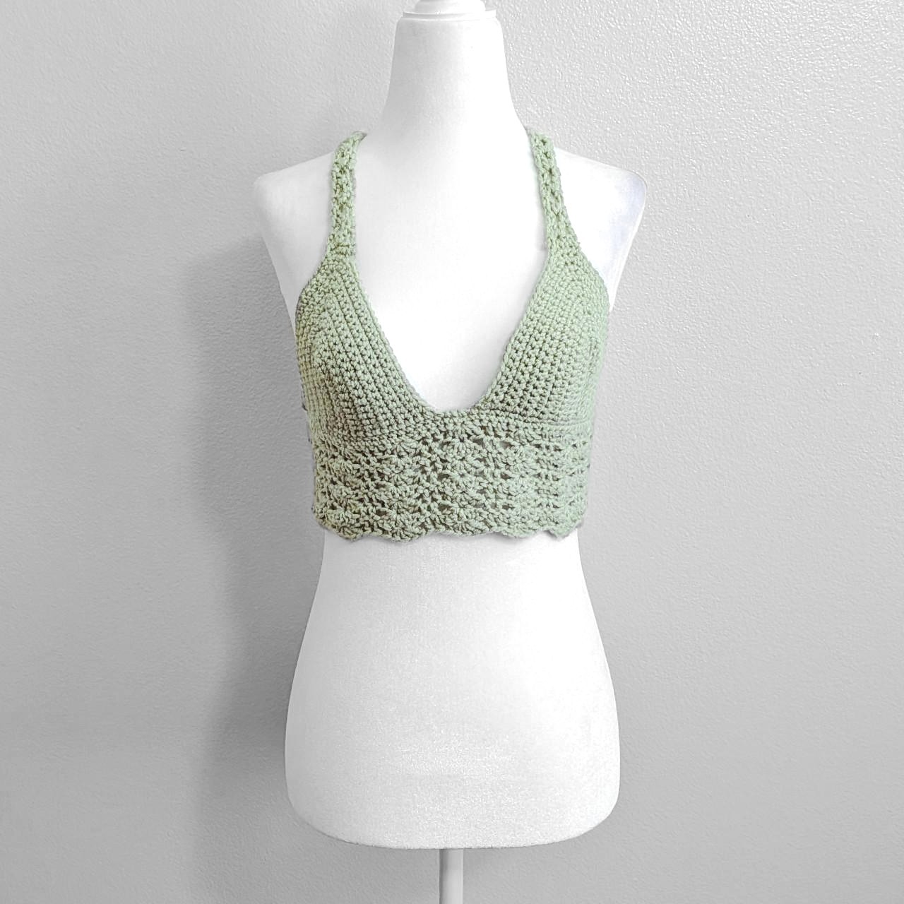 Handmade Sage Green Crochet Shell Stitch Halter Top Lace Up Back | Size S