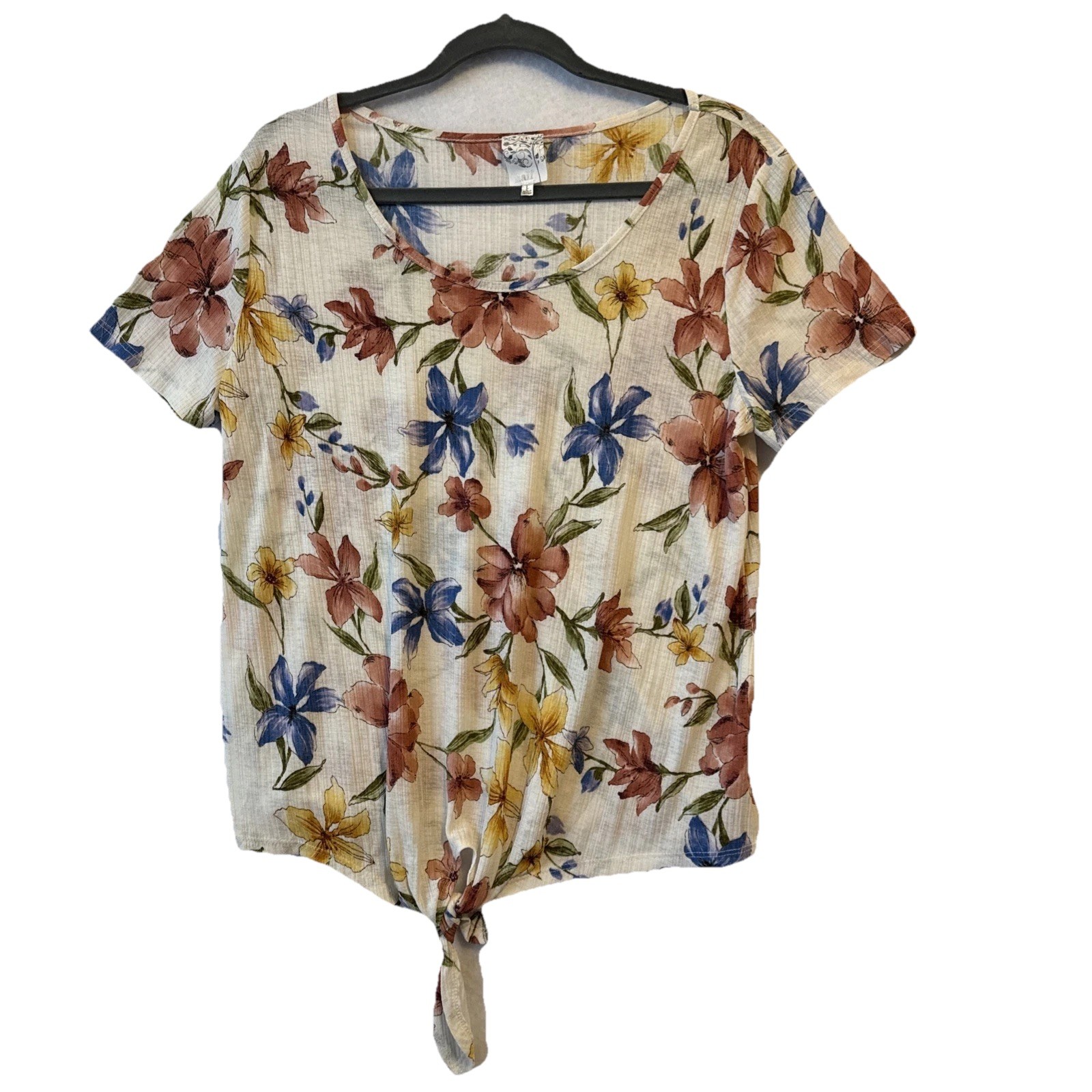 Sheer Ribbed Colorful Floral Tie Front Top Women’s L Boho Resort Cottage Fairy