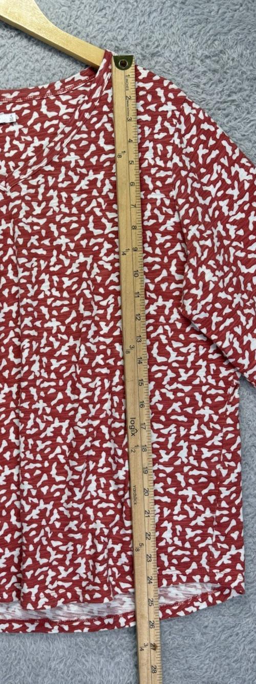 Chicos Dots V-Neck Top Womens Sz 4 XXL Coral White Slub Knit 3/4 Sleeve Career