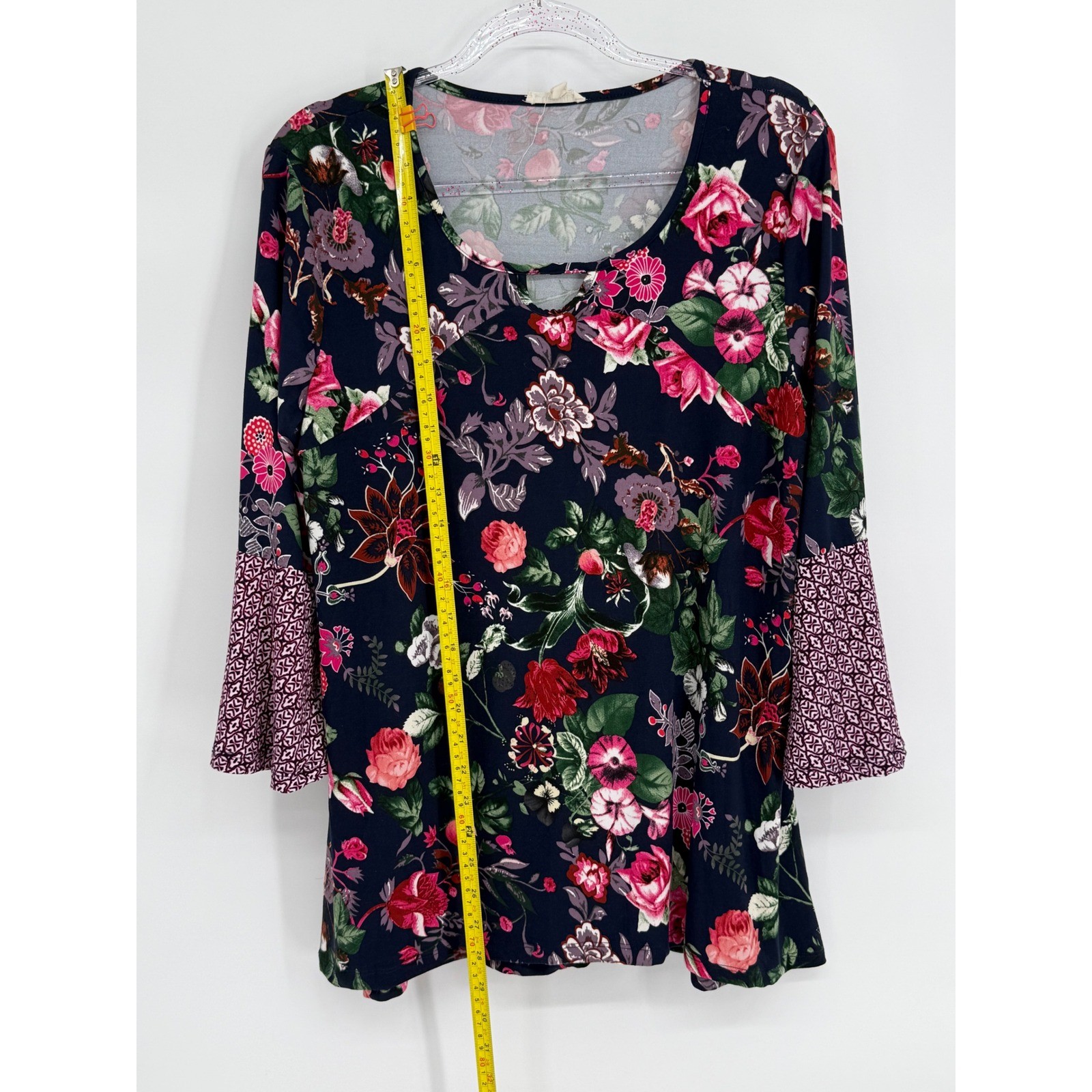 Como Blu Womens Floral Bell Sleeve Top Navy Blue Pink Sz L