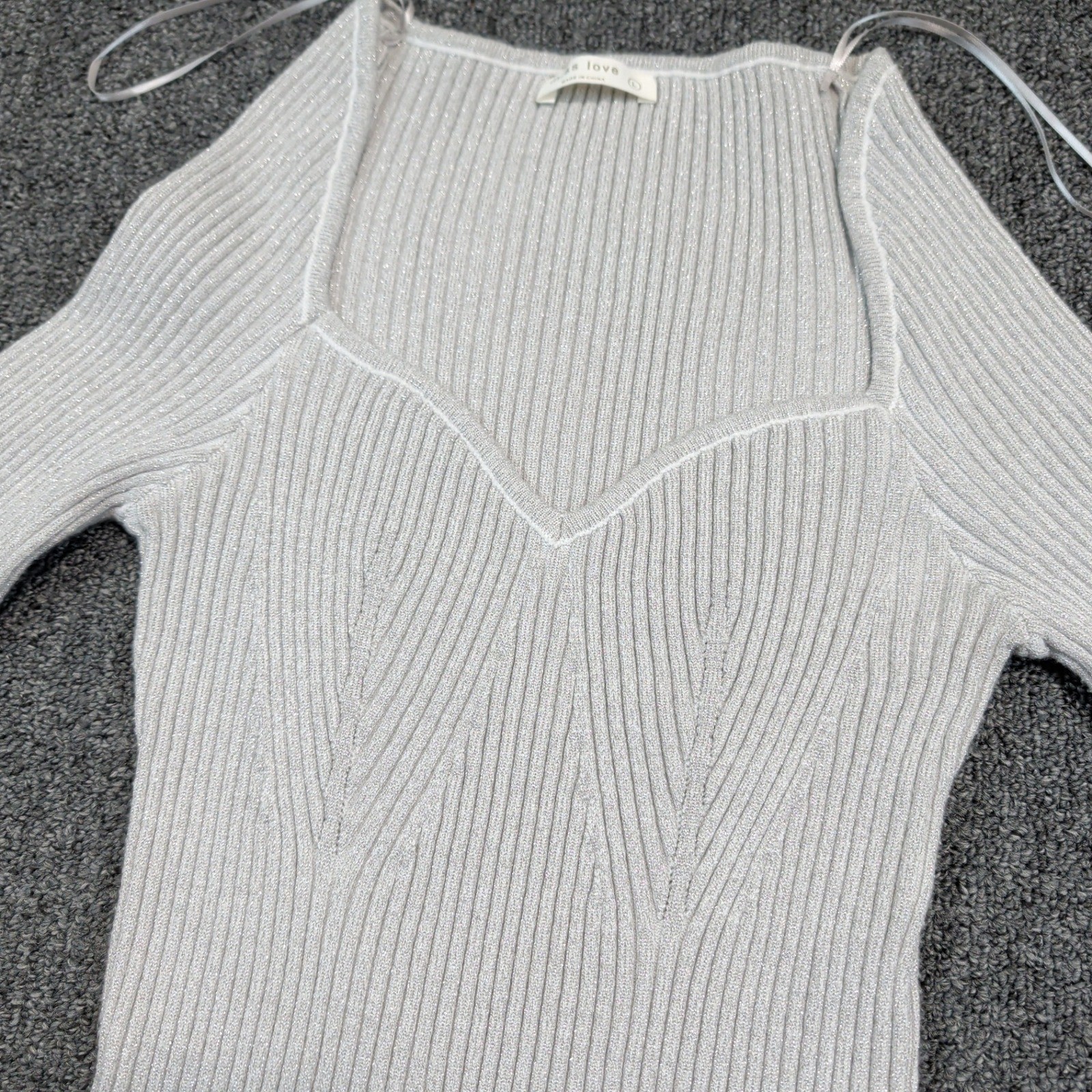 Miss Love Y2K Metallic Sweetheart Neck Ribbed Knit Top Large Silver Shimmer Glam