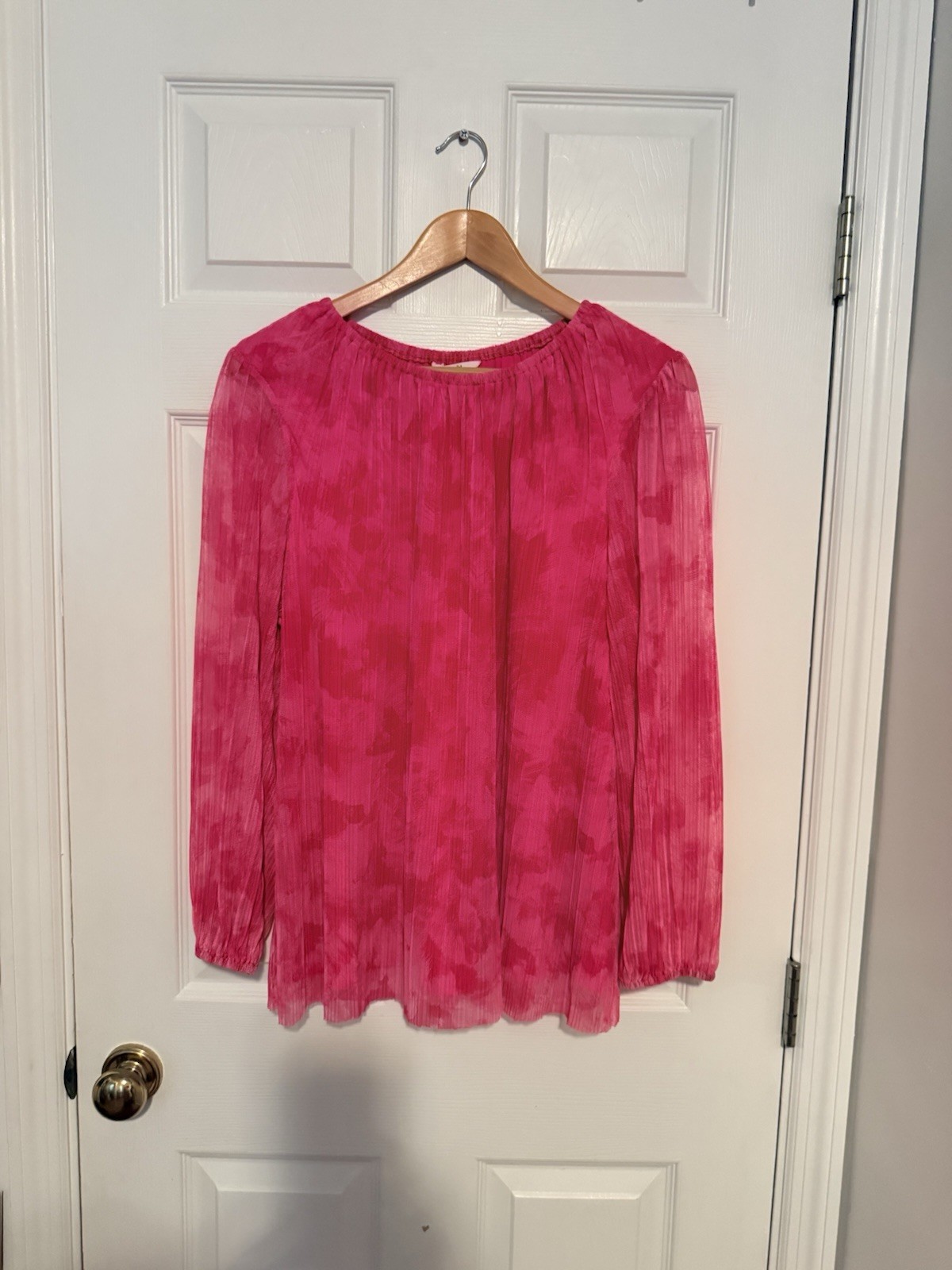 Women’s XL Pink Abstract Print Polyester Round Neck Sheer Balloon Sleeve Blouse