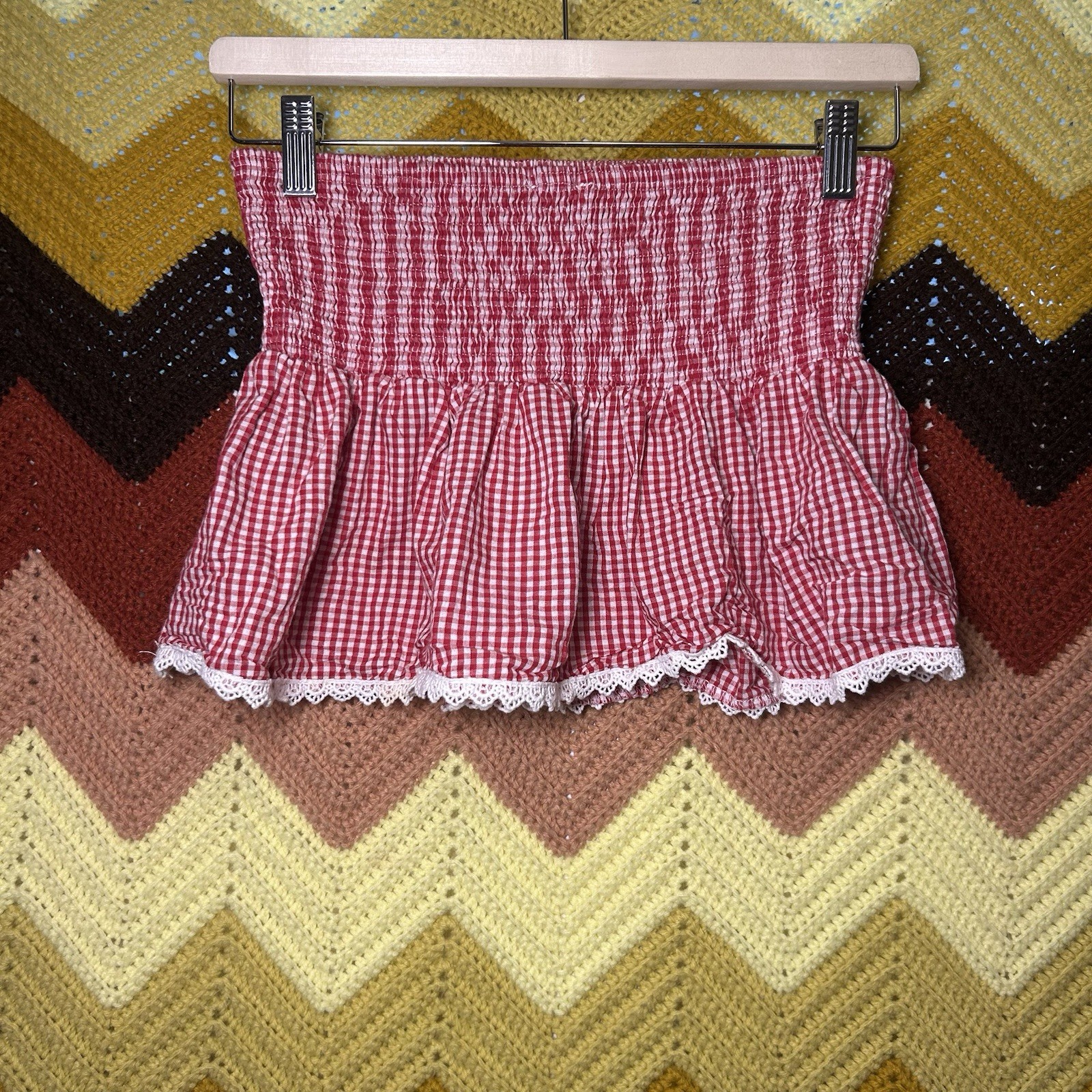 Cottagecore Red Gingham Smocked Strapless Crunch Tube Top Coquette Picnic Size M
