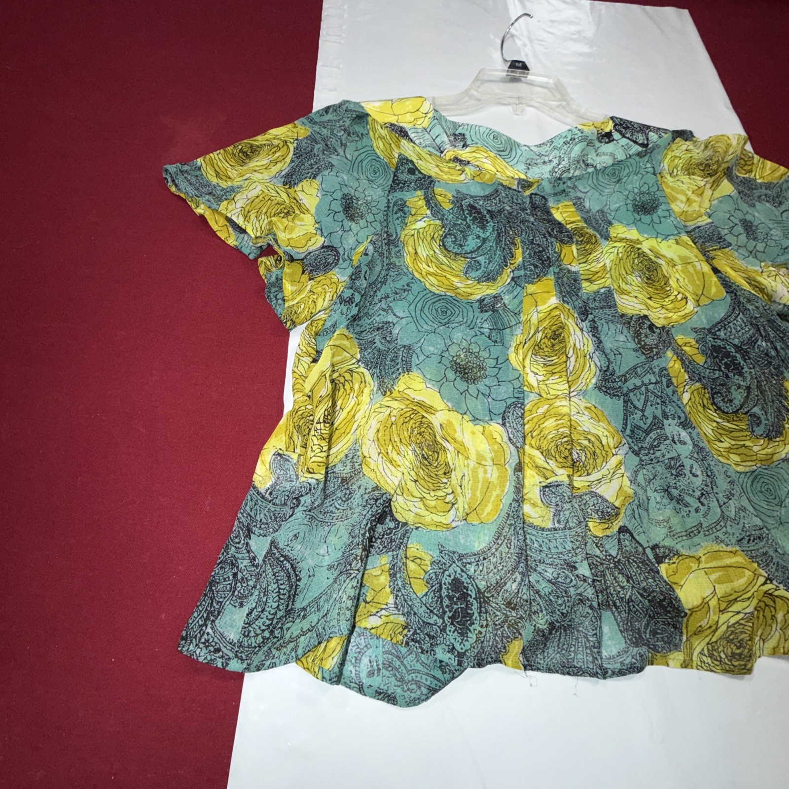 Nanette Lepore SILK Roses Blouse Flutter Sleeve Buttons Bow Lime Aqua SIZE 10 Lg