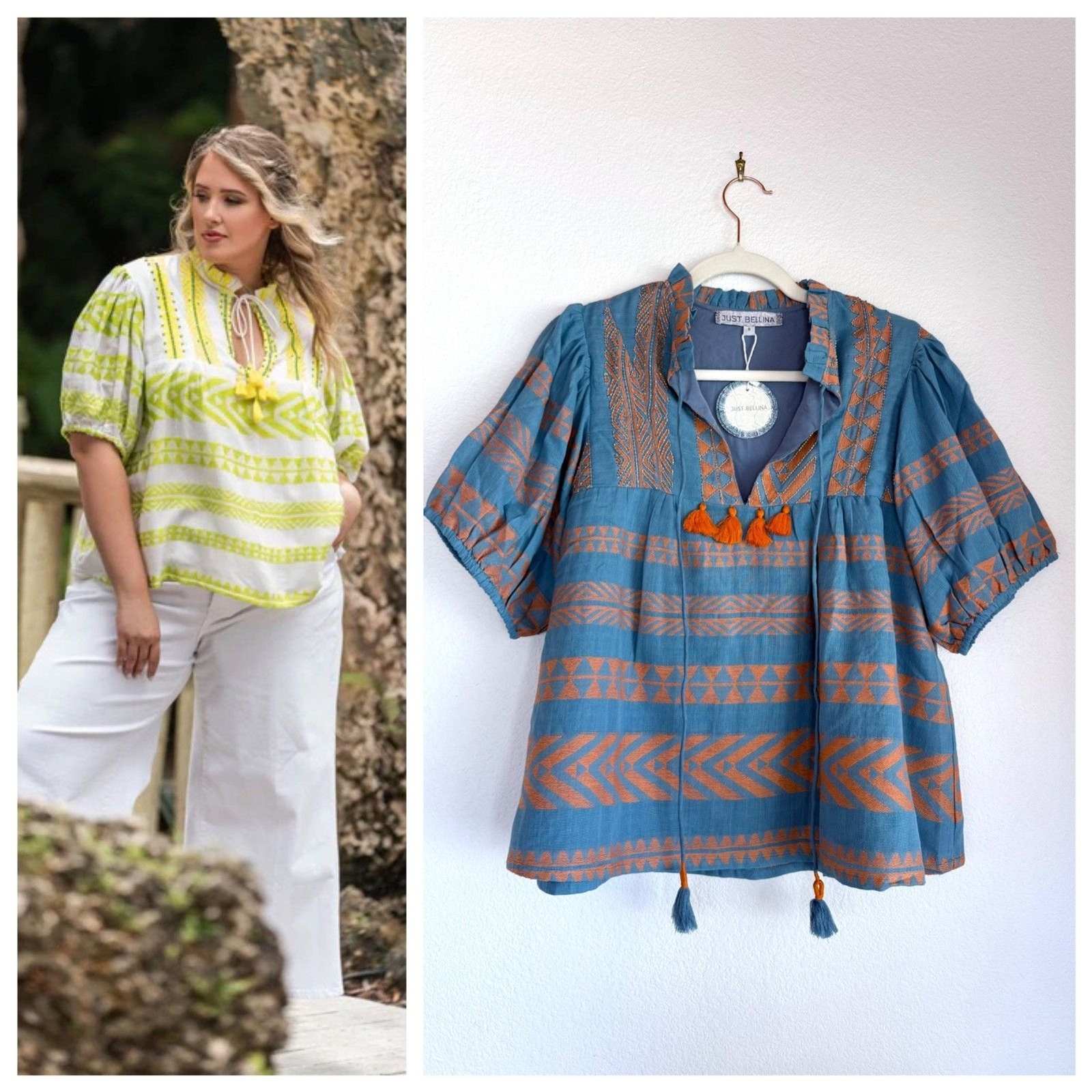 NWT Just Bellina Embroidered Tassel 1/2 Sleeve Boho Top in Blue & Orange Size S