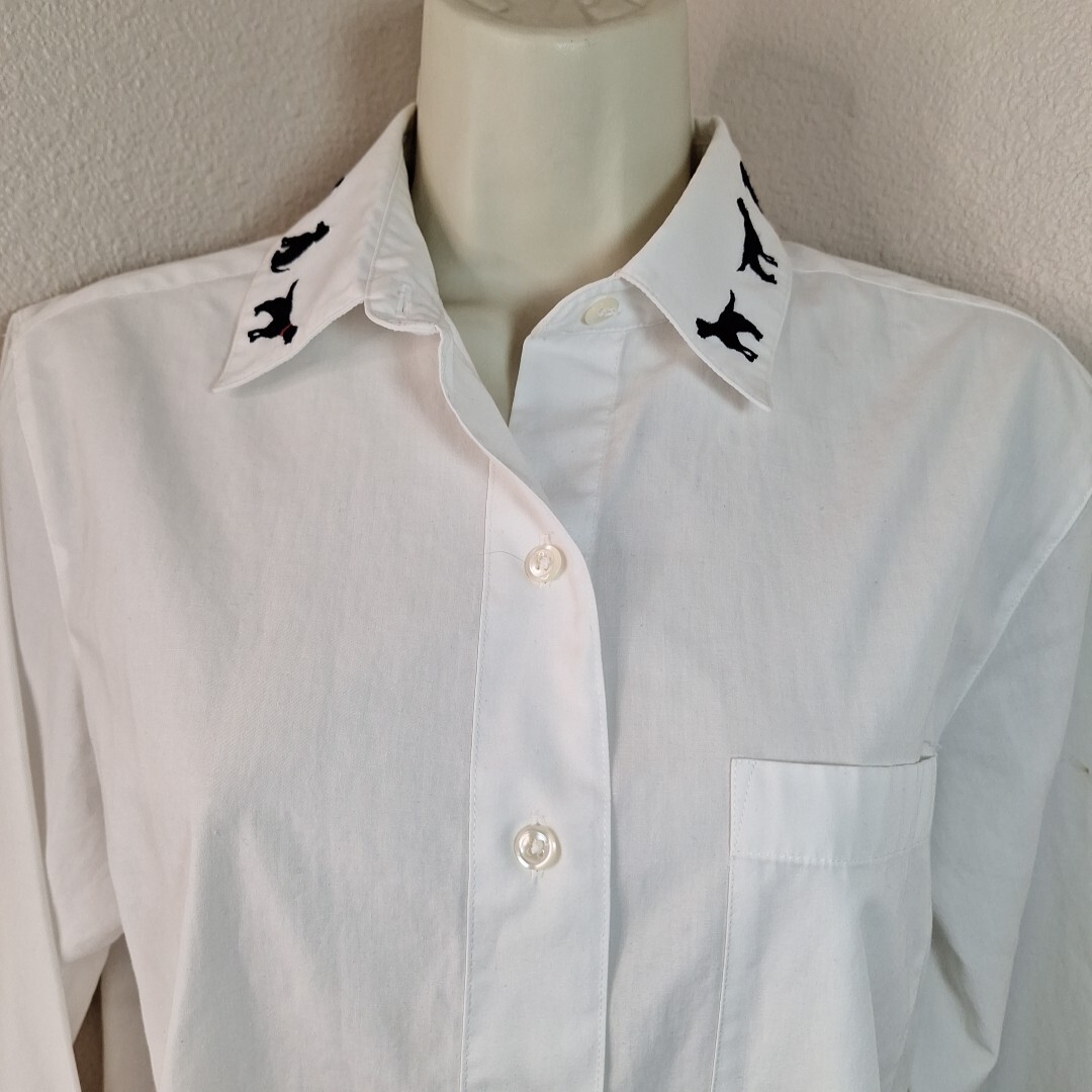 Orvis Blouse Womens 8 Embroidered Collar Black Lab Dogs White Shirt Preppy FLAWS