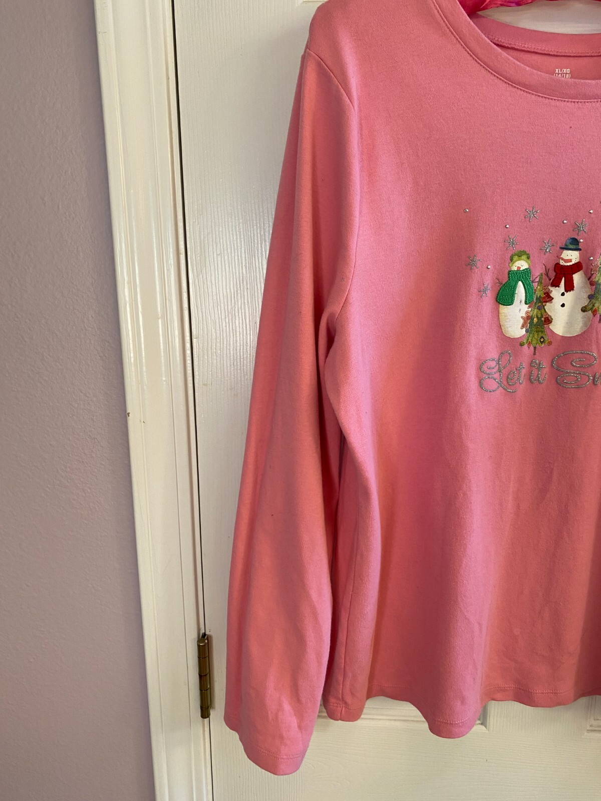 Christmas Yule Blouse Top Cotton Jersey Snowmen “Let It Snow” Pink XL EUC R393
