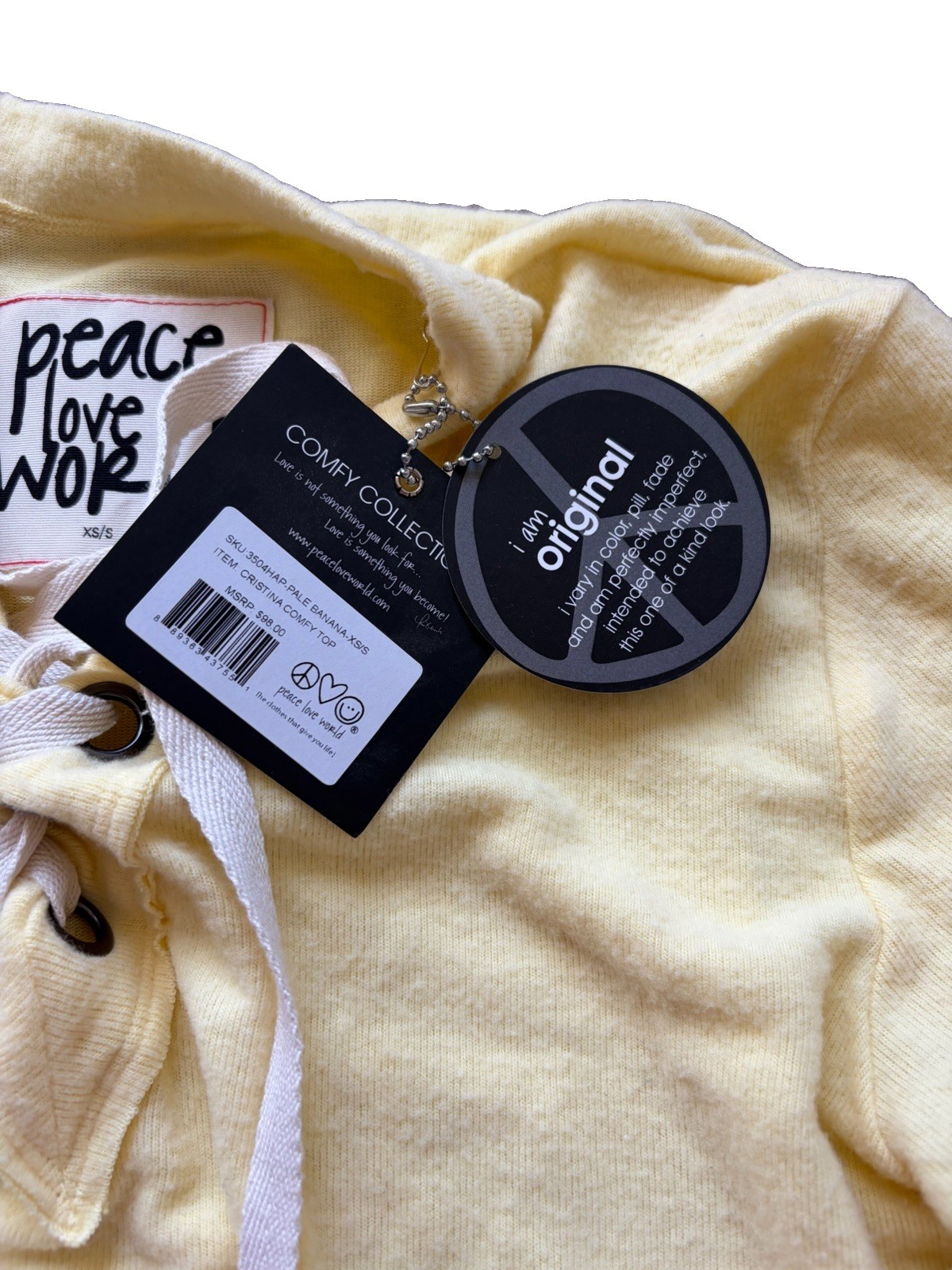 Peace Love World Banana Comfort Knit V-Neck Top Lace-Up Pale Banana, Size XS/S