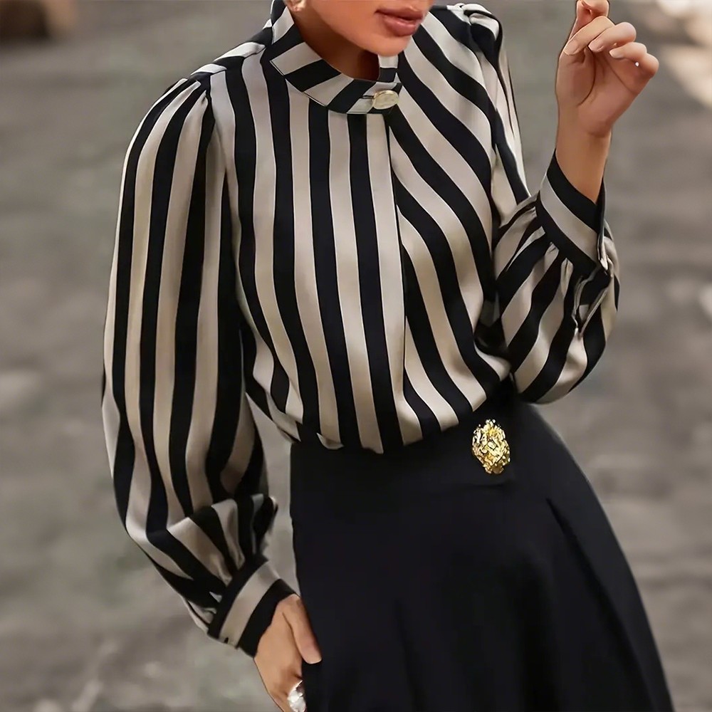 Women’s Elegant Formal Striped Shirt Lantern Sleeve Blouse Stand Collar OL Tops