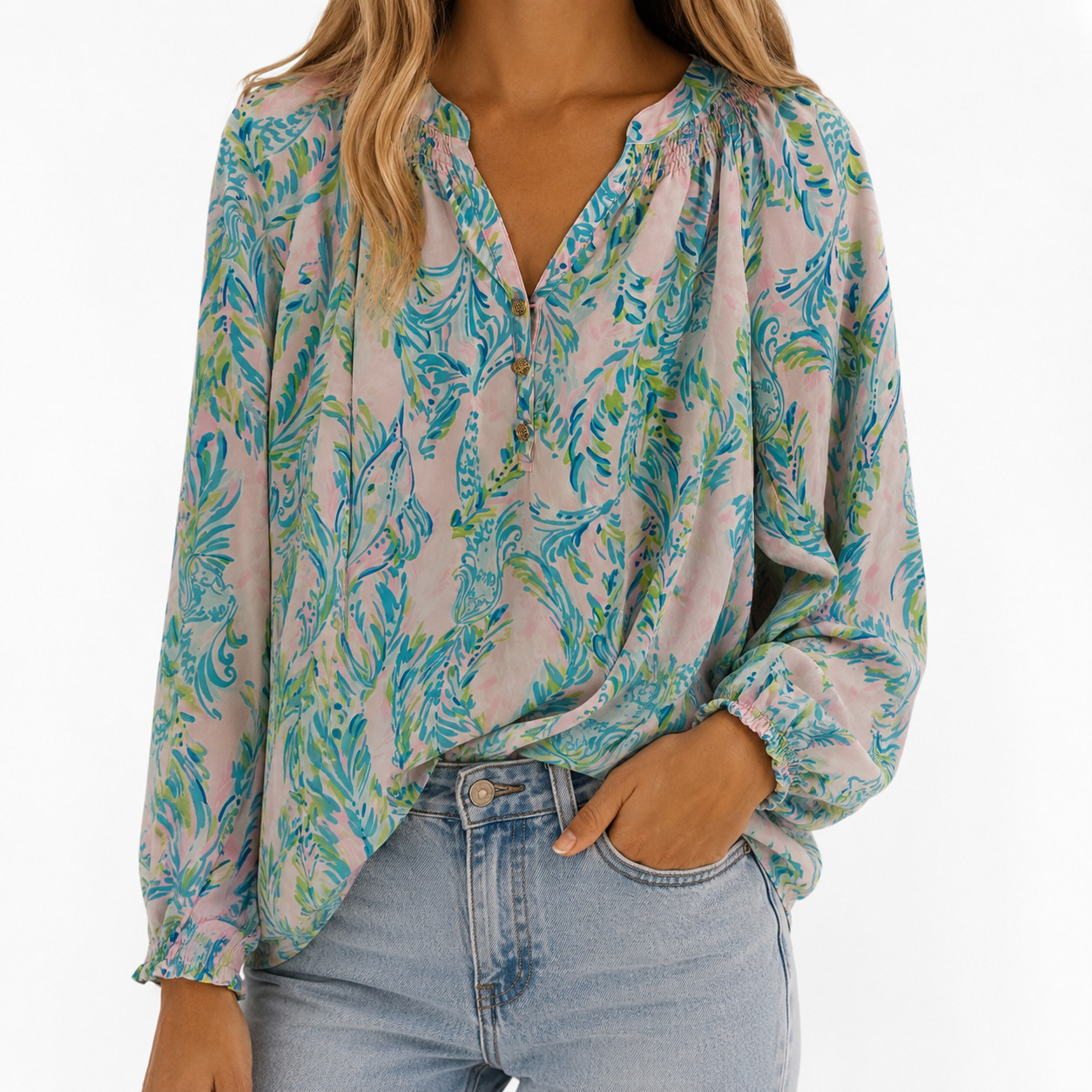 Lilly Pulitzer Elsa Silk Blouse Women Size S Tropical Long Sleeve Smocked Resort