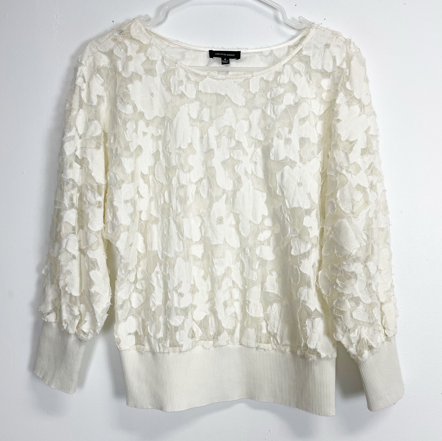 Saks Fifth Avenue Shirt Womens 4 Ivory Sheer Floral Long Sleeve Blouse Top