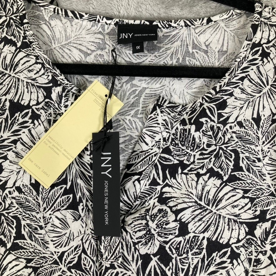 Jones New York JNY Womens 1X Top Black White Tropical Leaf Linen Blend NWT