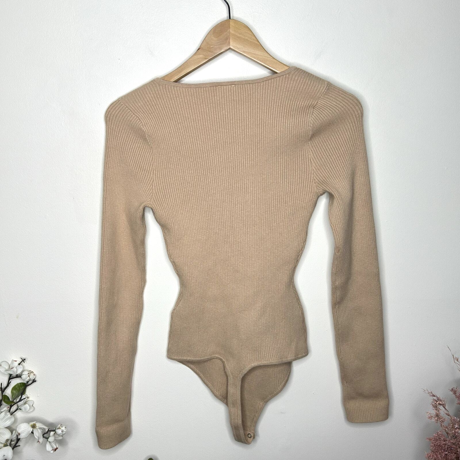 ABERCROMBIE & FITCH Long-Sleeve Hardware Ribbed Knit Sweater Bodysuit Tan {3O49}
