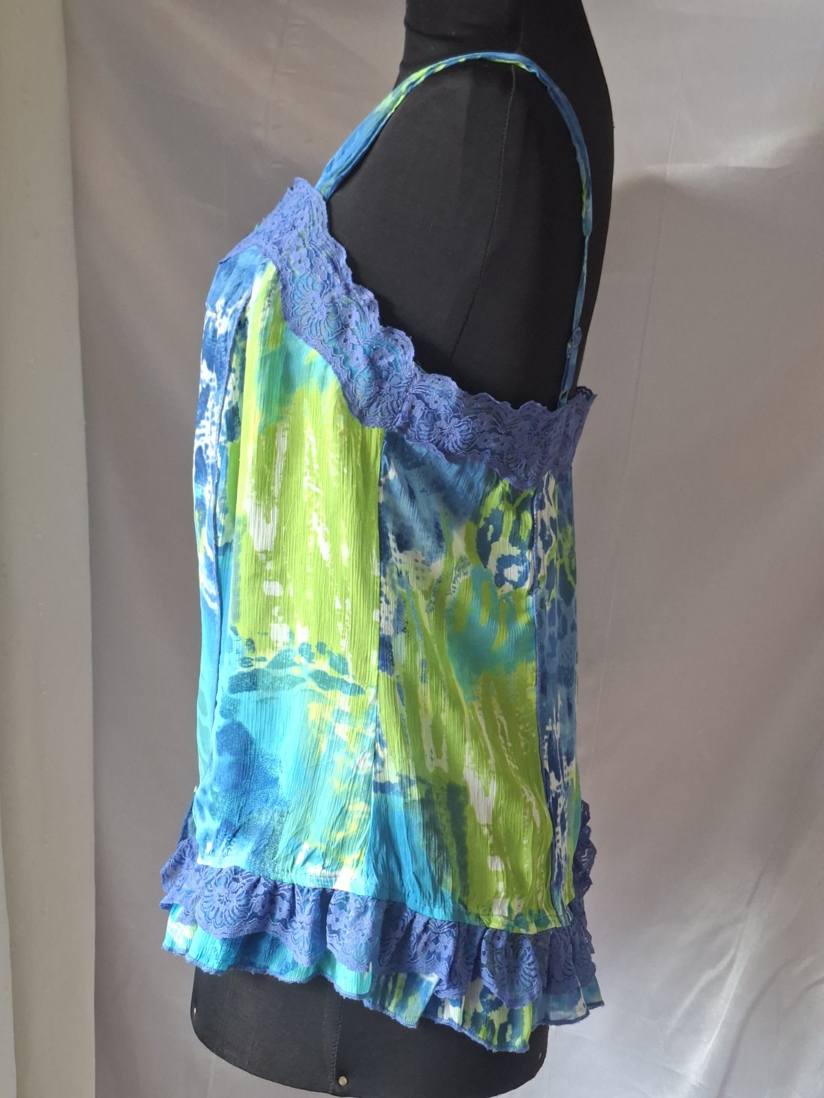 Y2K Per Una Festival Ruffle Hem Boho Fairy Cami Top Lace Trim Blue Green Tunic