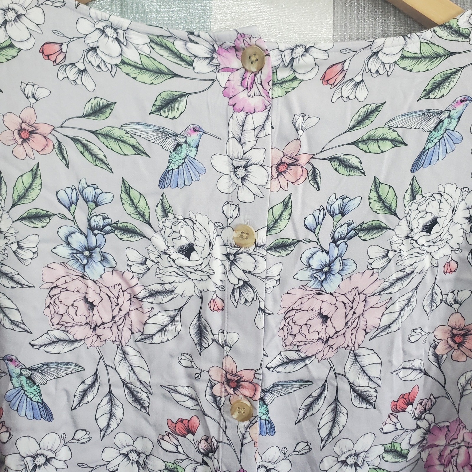 J. Jill Womens XL Floral Hummingbird Viscose Blouse Gray Pink Long Sleeve Top