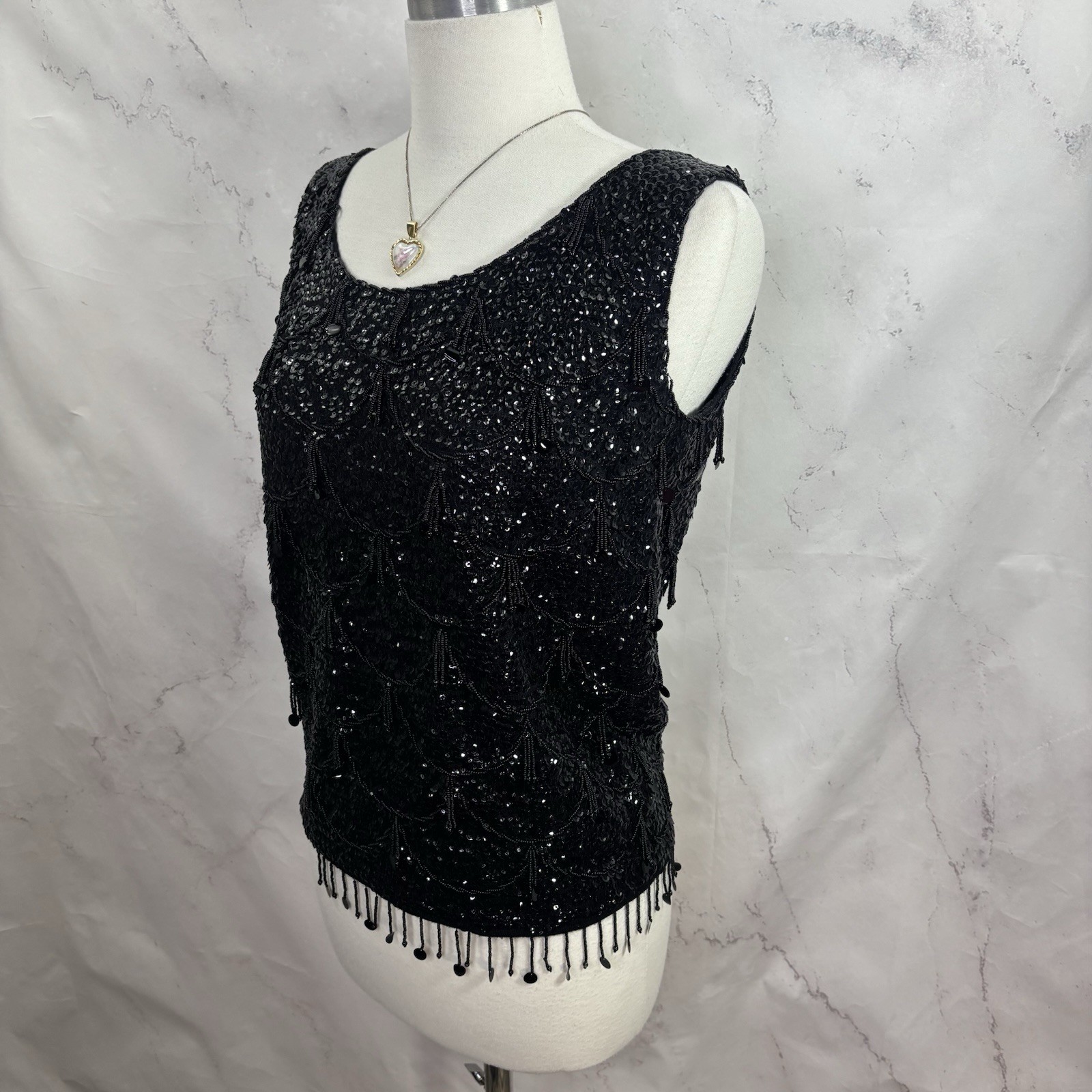 Vintage 60s Flapper Black Shiny Beaded Blouse Top Fringe Sequins Silk M Glam