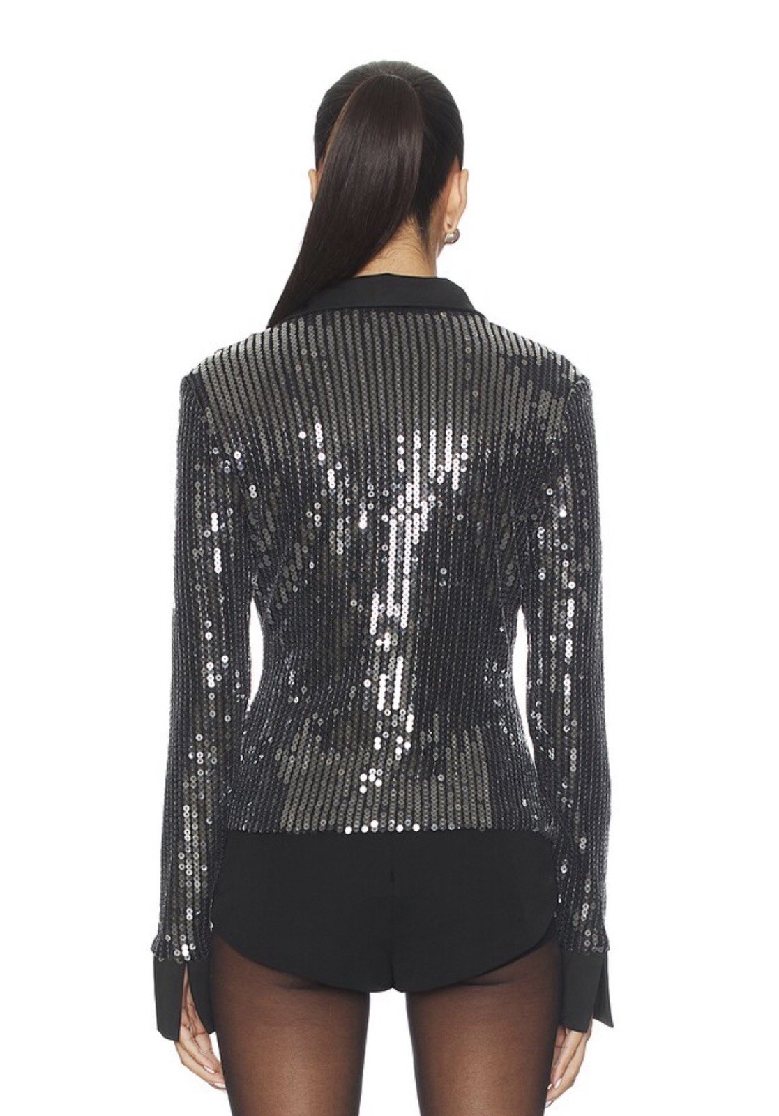 Superdown Revolve Geraldine Black Sequined Long Sleeve Collar V-Neck Top XS NWT