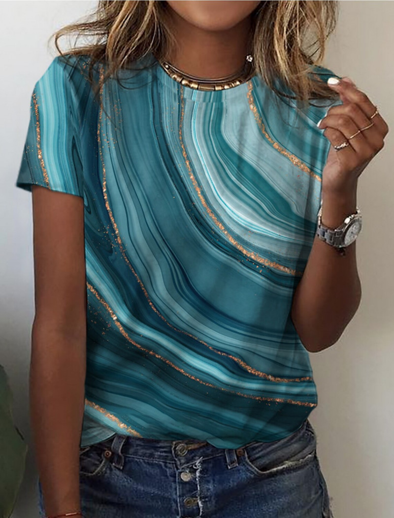 Women’s Top Summer Abstract Print Large Size Short Sleeve Crewneck T-shirt
