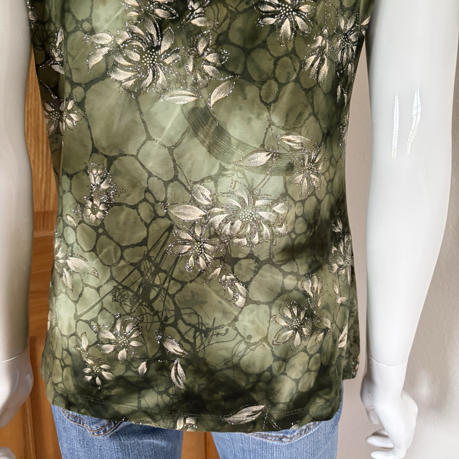 dressbarn Green Floral Ruched Square Neck Cap Sleeve Knit Stretch Blouse M