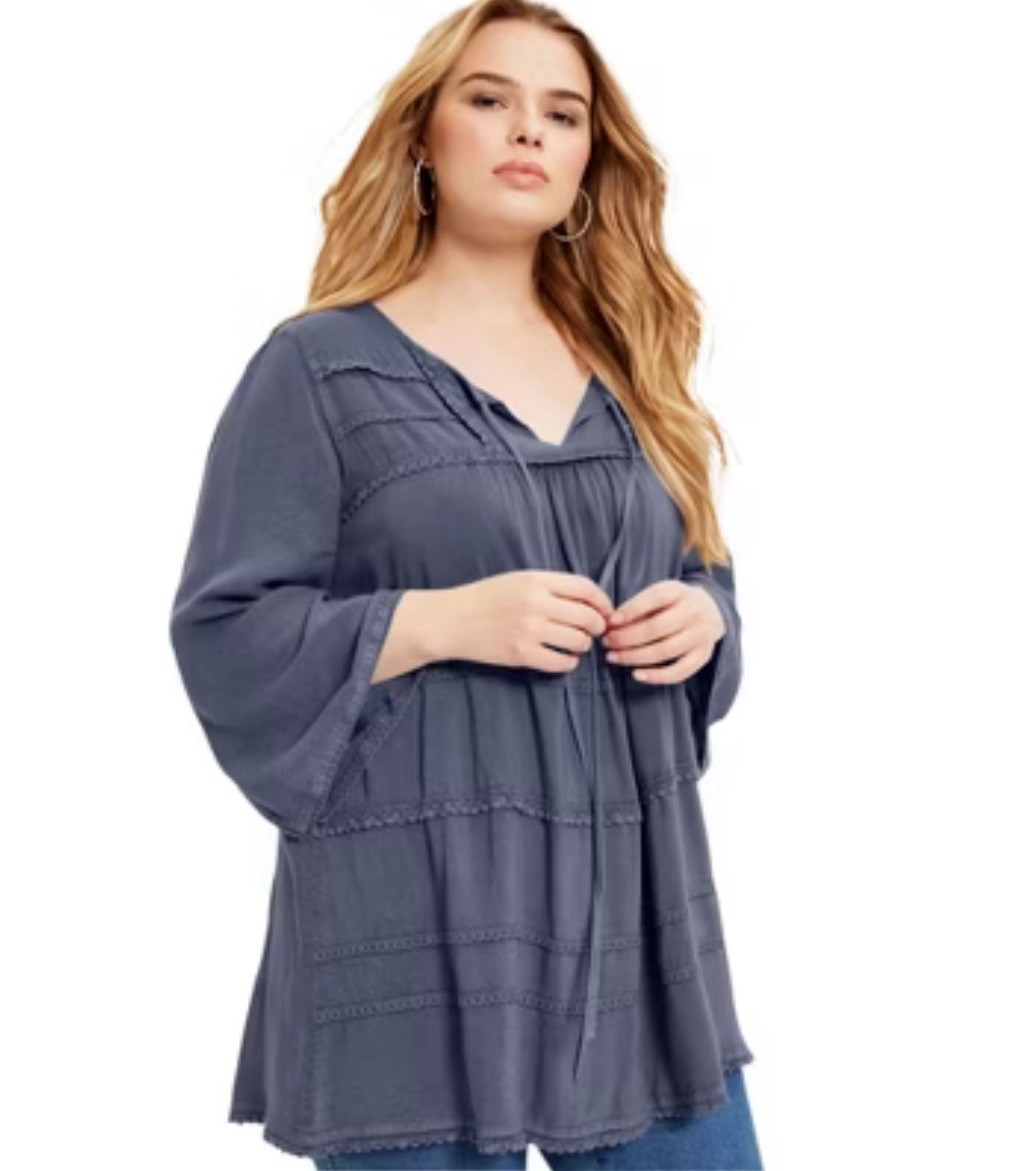 June and Vie Top Womens 3X Blue Tunic Peasant Prairie Boho