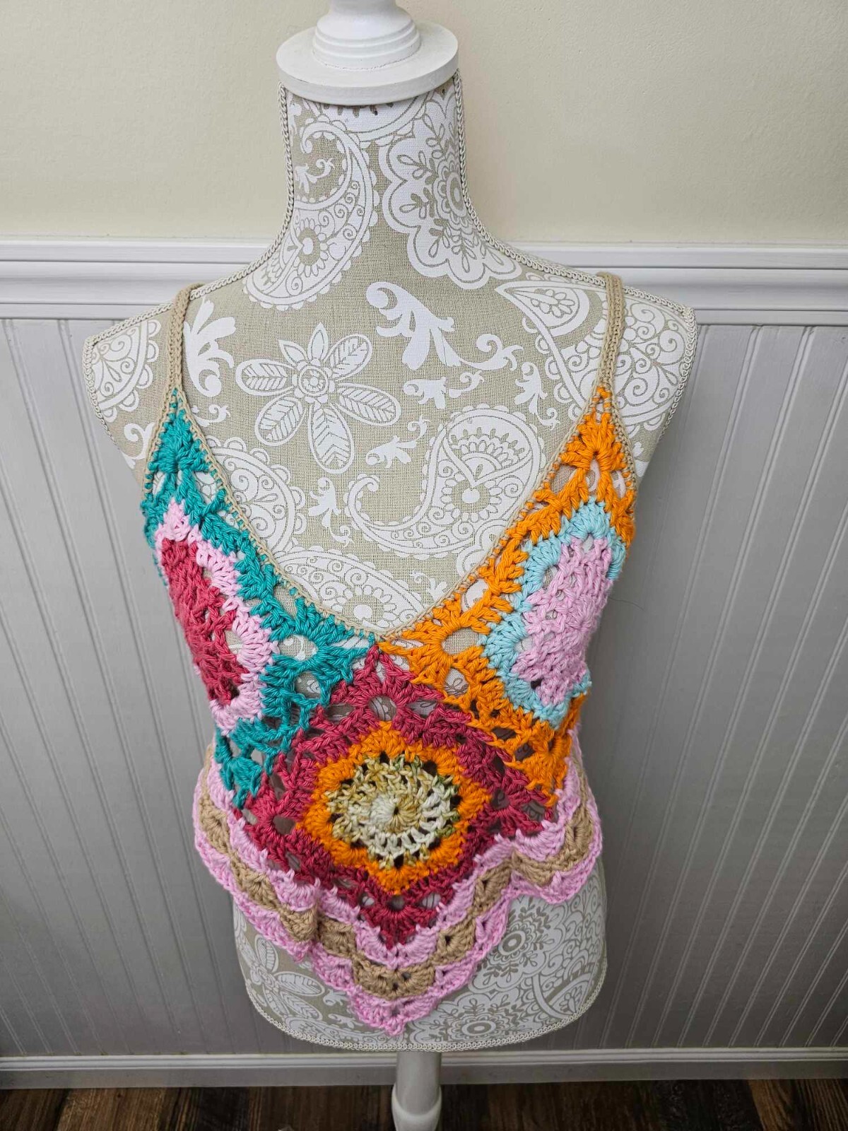 Crochet Lace Crop Top Handmade Large Boho Chic 100% Cotton yarn Multi color