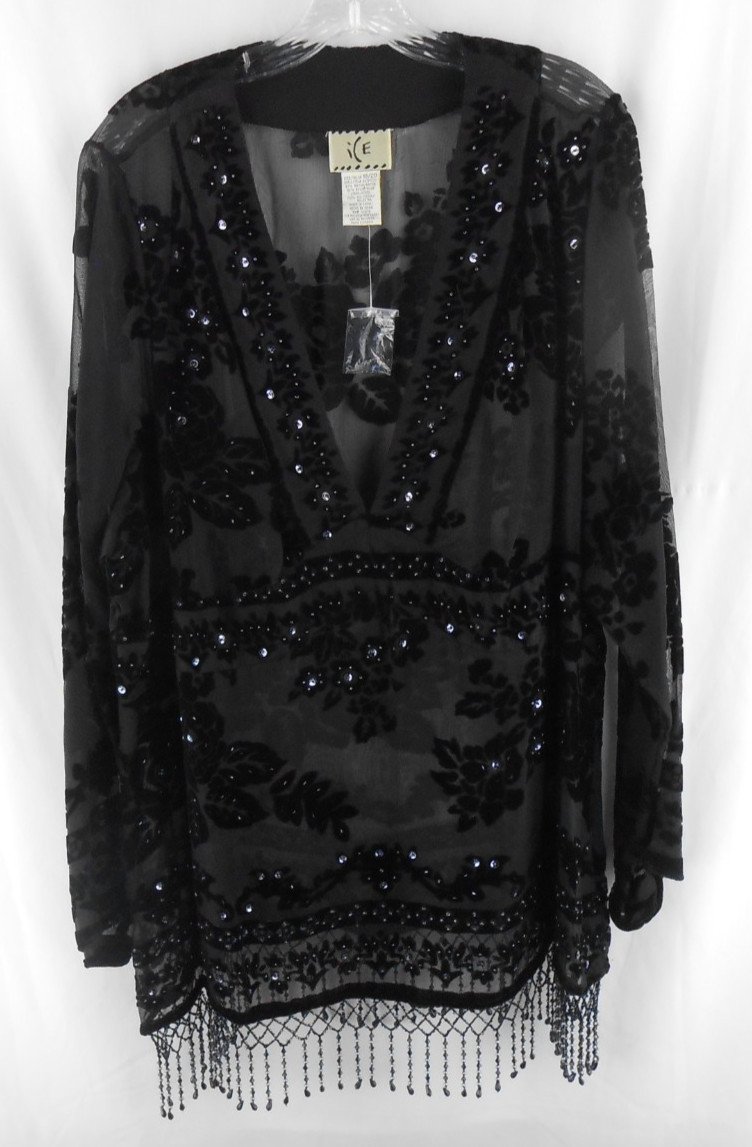 ICE Womens 18 Black Sheer Long Sleeve Blouse Floral Accents Sequins Beaded New