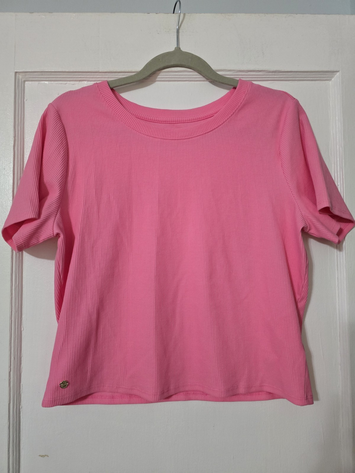 Lilly Pulitzer Minnie Knit Crop Top XL Confetti Pink Ribbed Short Sleeve
