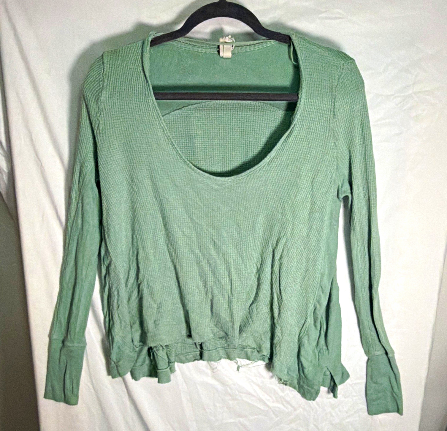 Green Waffle Knit Scoop Neck Ruffle Long Sleeve Top