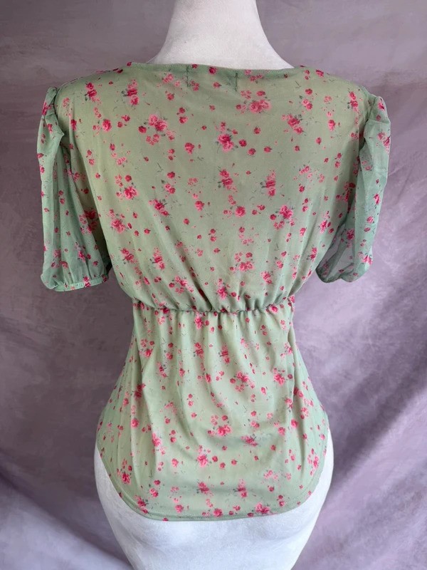 In The Style Green Floral Milkmaid Peplum Blouse Puff Sleeve UK 10