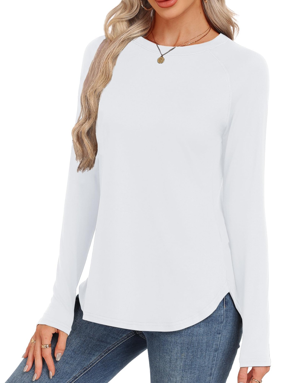 GAYHAY White Long Sleeve Shirts Women Round Neck Shirts Side Split 2026 Medium