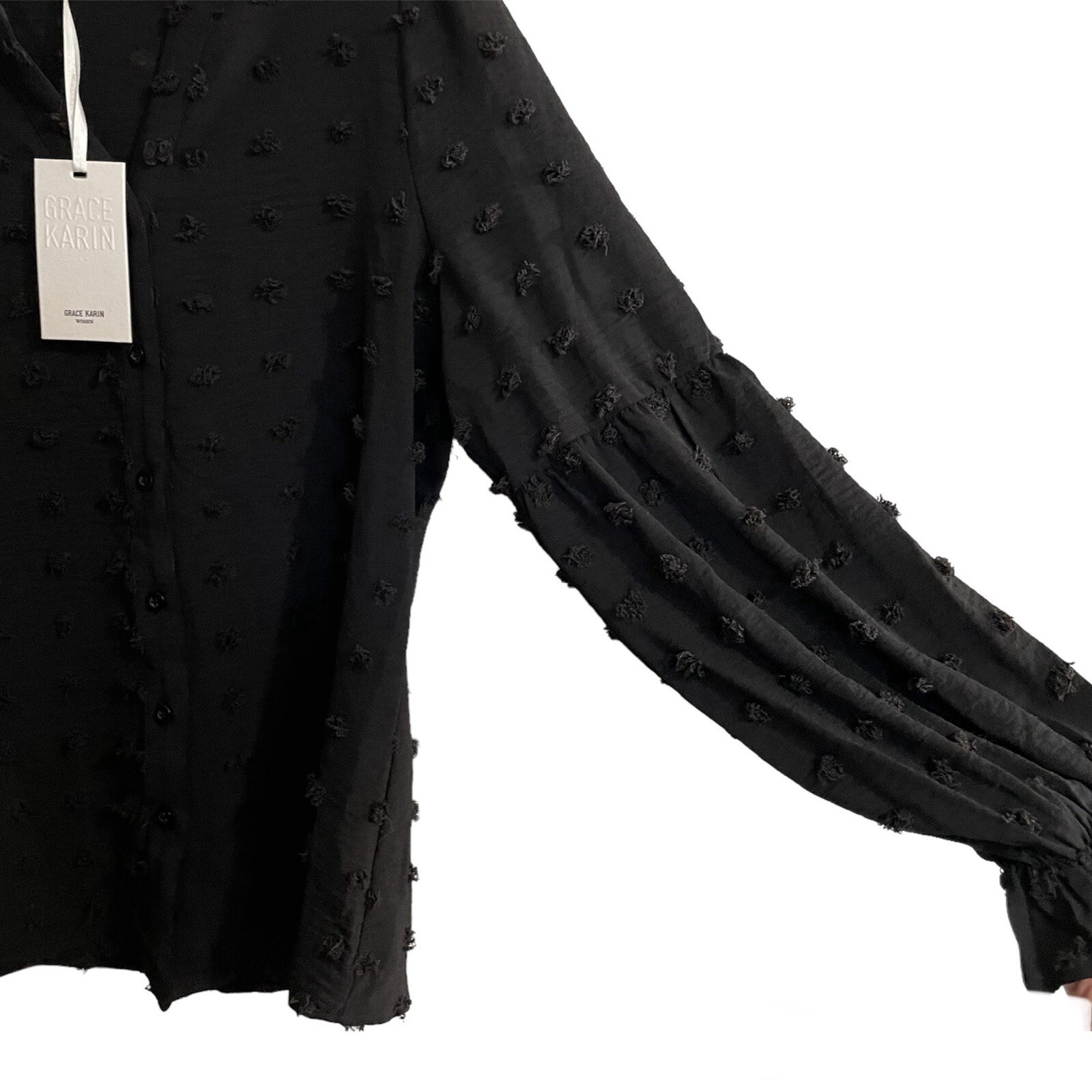 Grace Karin Blouse Women Size Small Black swiss Dot Long Sleeve Ruffled Neck