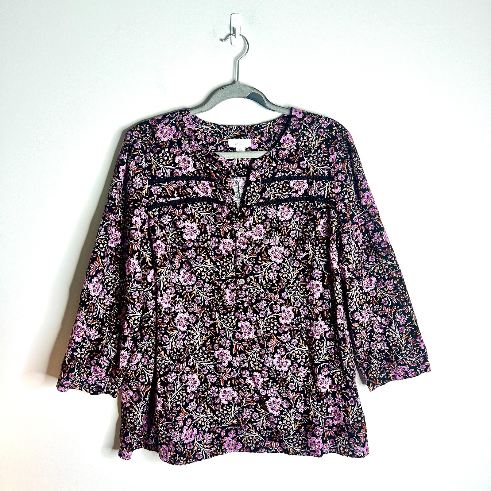 J. Jill Corduroy Dark Fall Florals Popover Top 3/4 Sleeve Preppy Casual Sz L