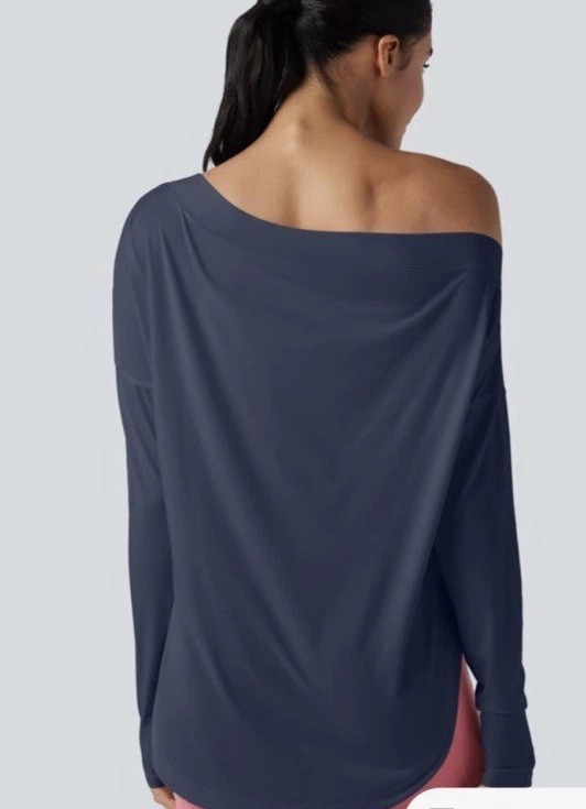 One Shoulder Long Sleeve Thumb Hole Curved Hem High Low Quick Dry Yoga Sz L