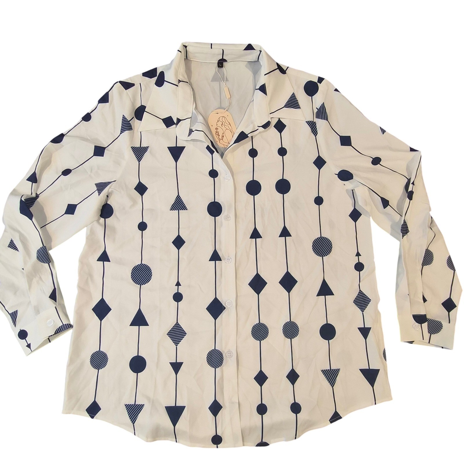 Geometric Print Button Down Shirt Navy White Long Sleeve Blouse Retro Style L