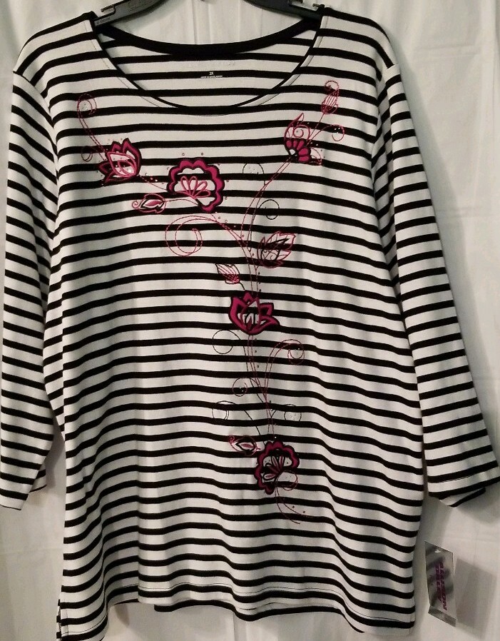 Allison Daley woman top FLORAL STRIPED beaded fuchsia multi 2x NWT