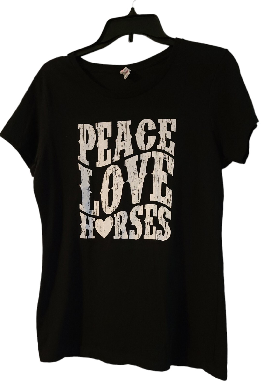 Alstyle Apparel Peace Love Horses Tshirt Top sz Large Black Off White Barn Wood