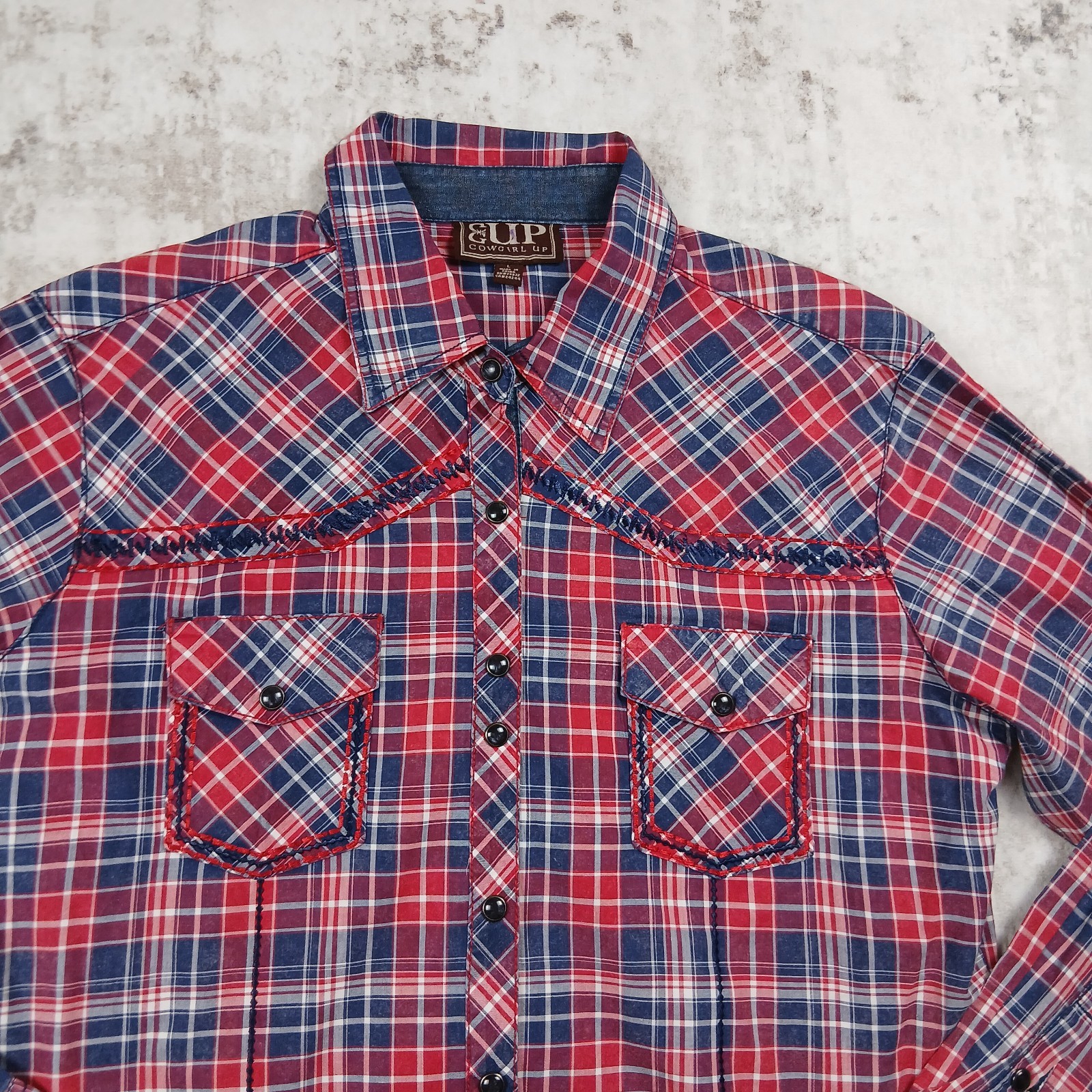 Cowgirl Up Pearl Snap Womens Large Red Blue Plaid