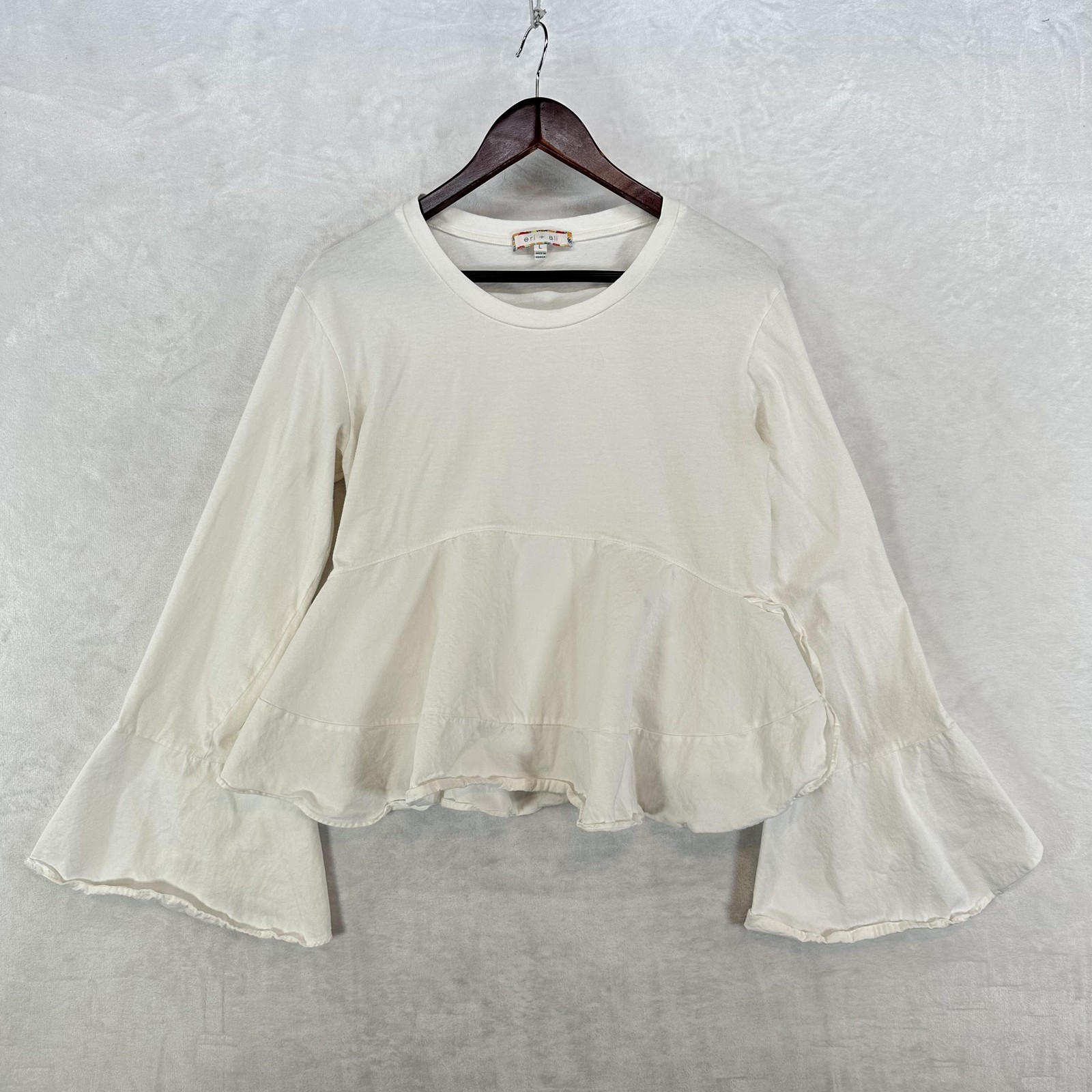 Ari + Ali Top Womens Large White Ruffle Peplum Hem Bell Sleeve Anthropologie